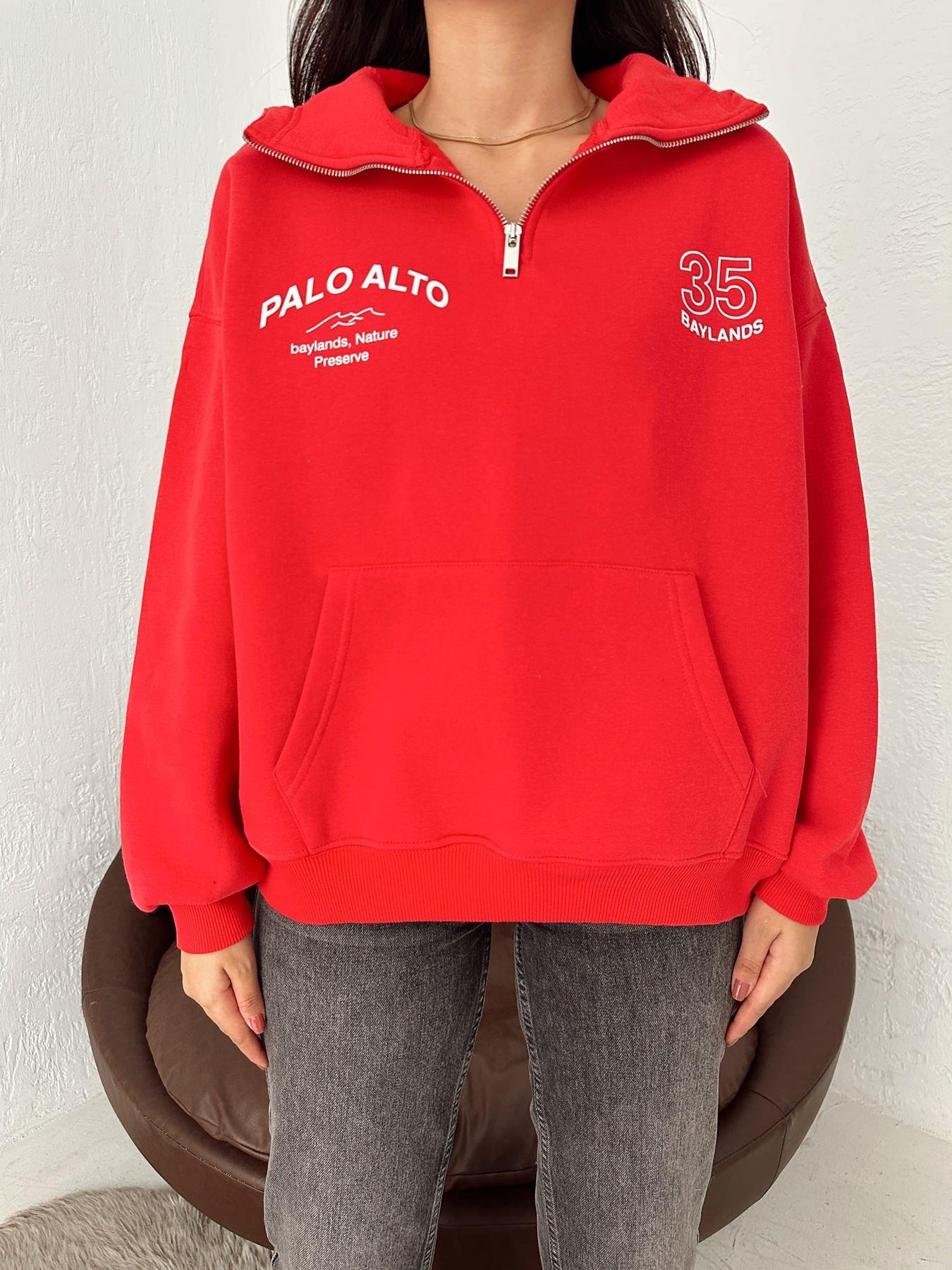 35 Baskılı Sweatshirt KIRMIZI