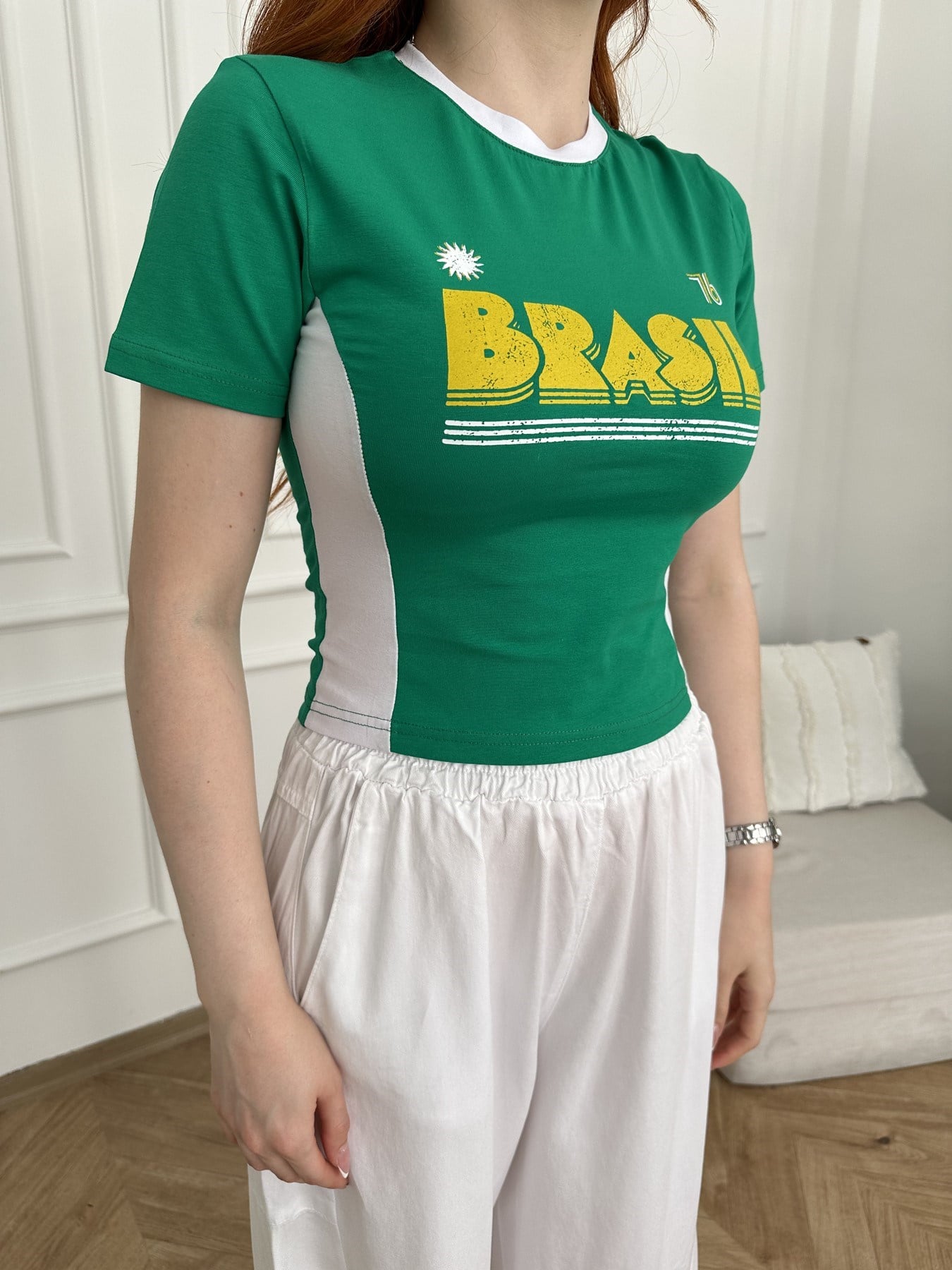 79 Brasil Baskılı Crop T-shirt Benetton yeşil
