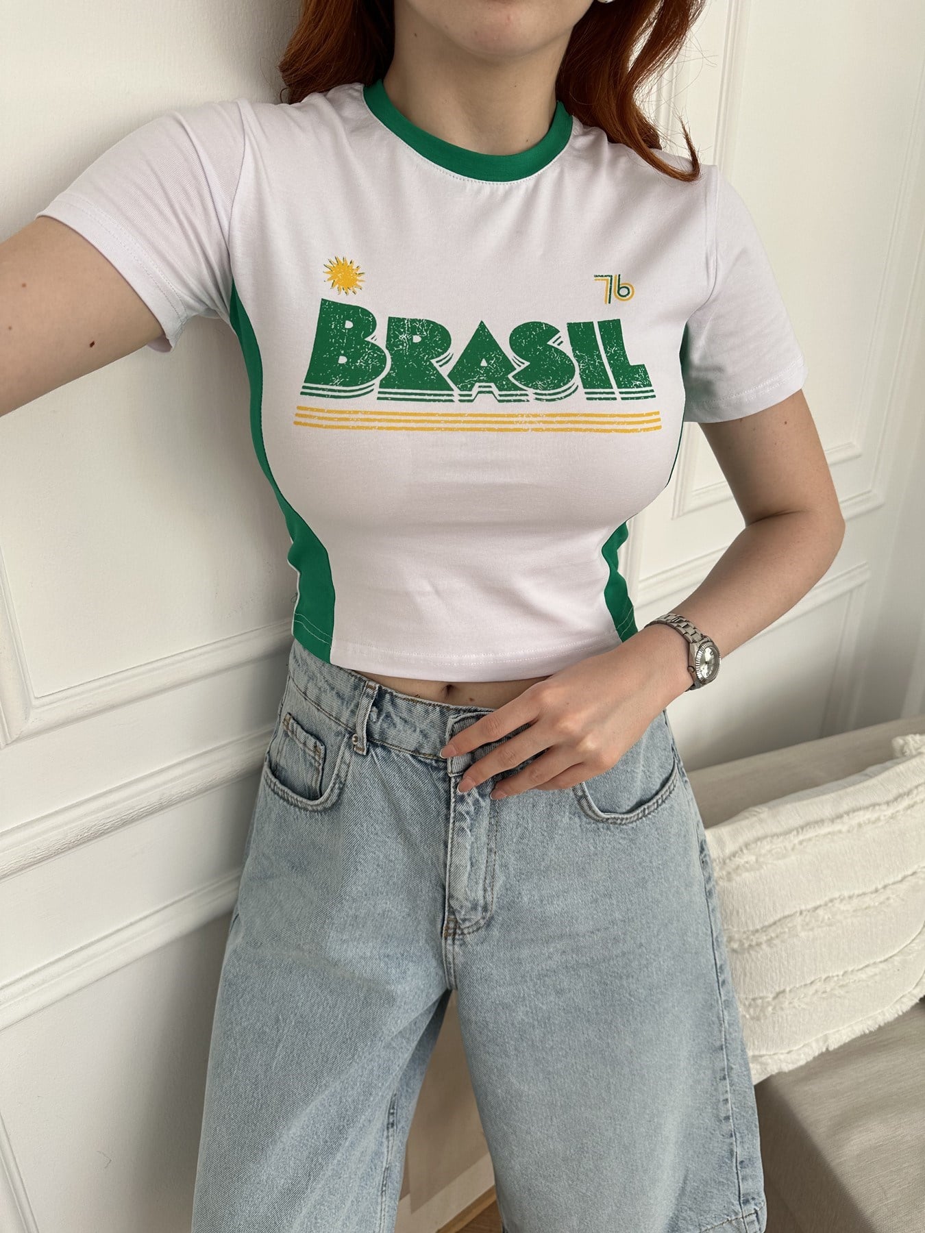 79 Brasil Baskılı Crop T-shirt Beyaz