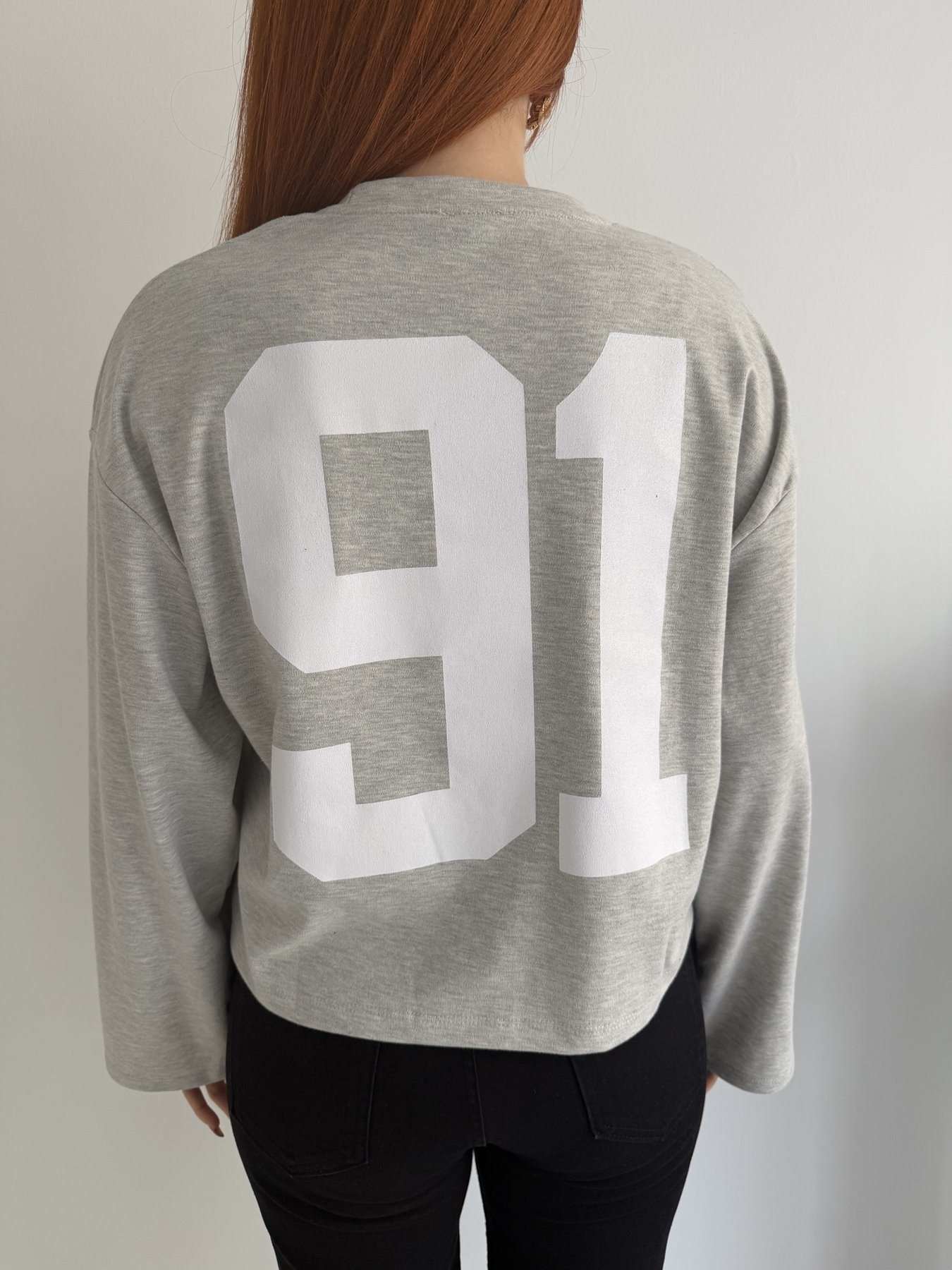 91 Baskılı Sweatshirt Gri melanj