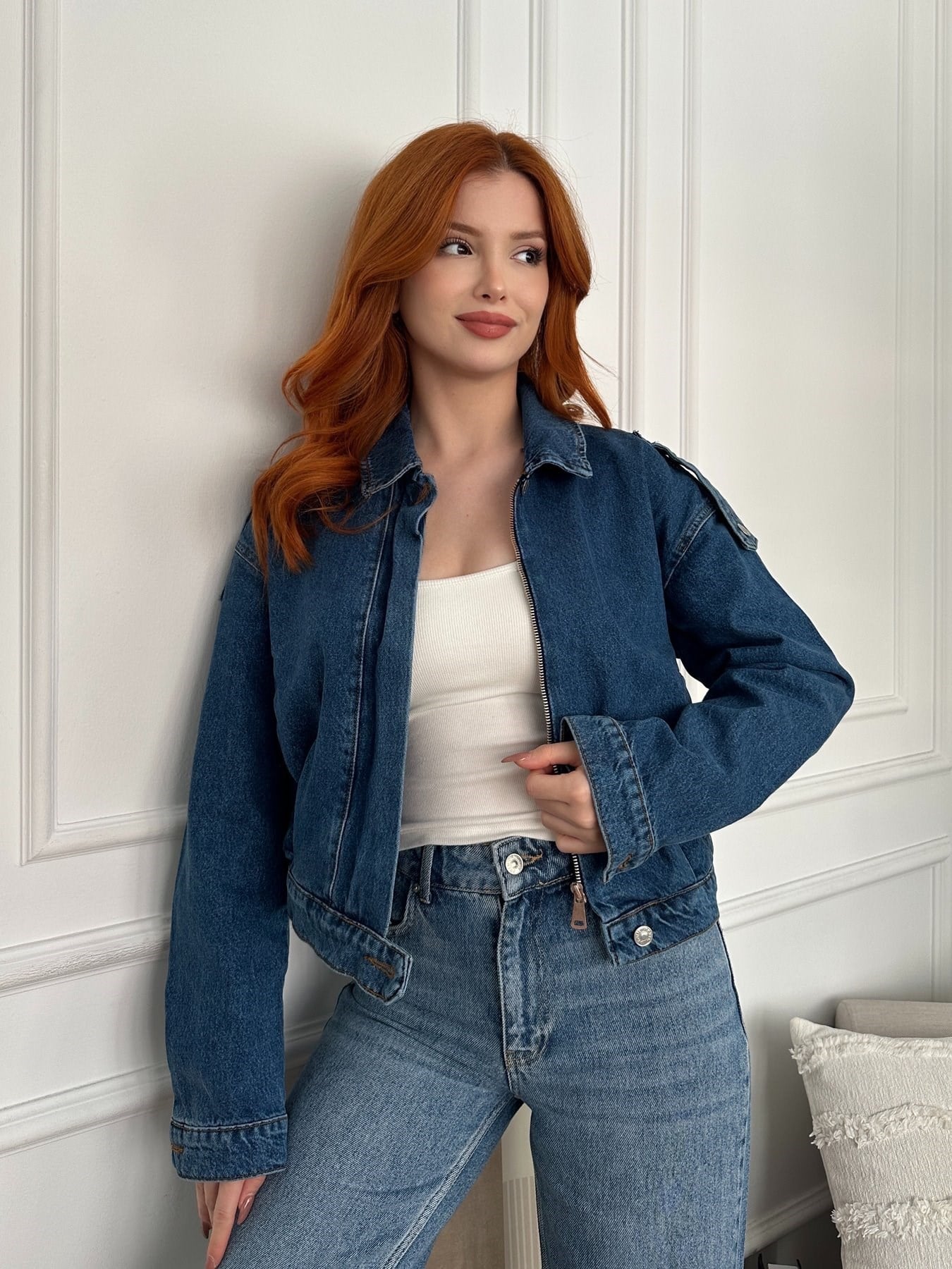 Apoletli Crop Kot Ceket Mavi