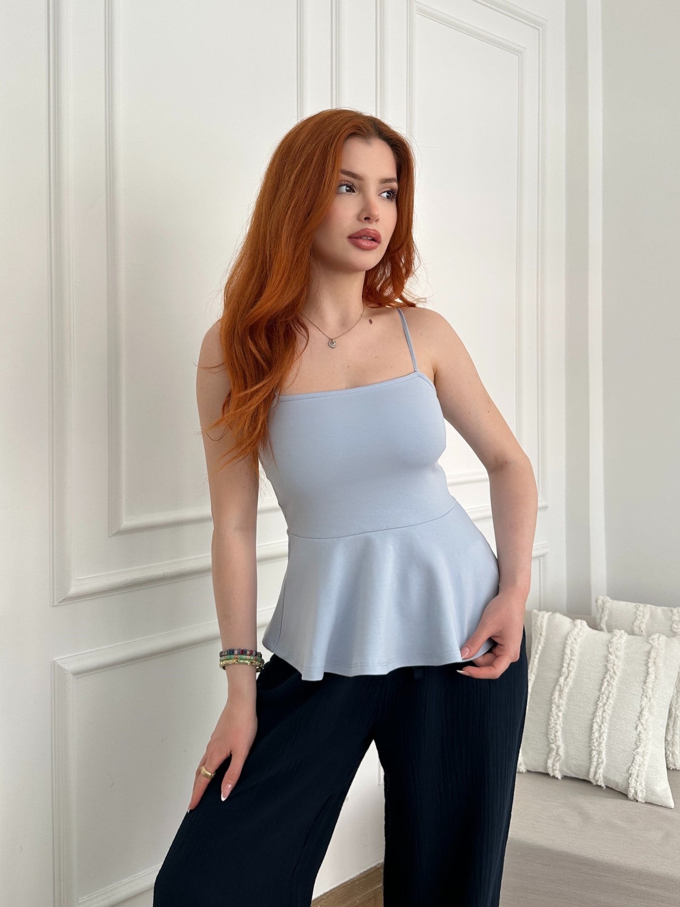 Askılı Altı Volanlı Penye Bluz Açık mavi