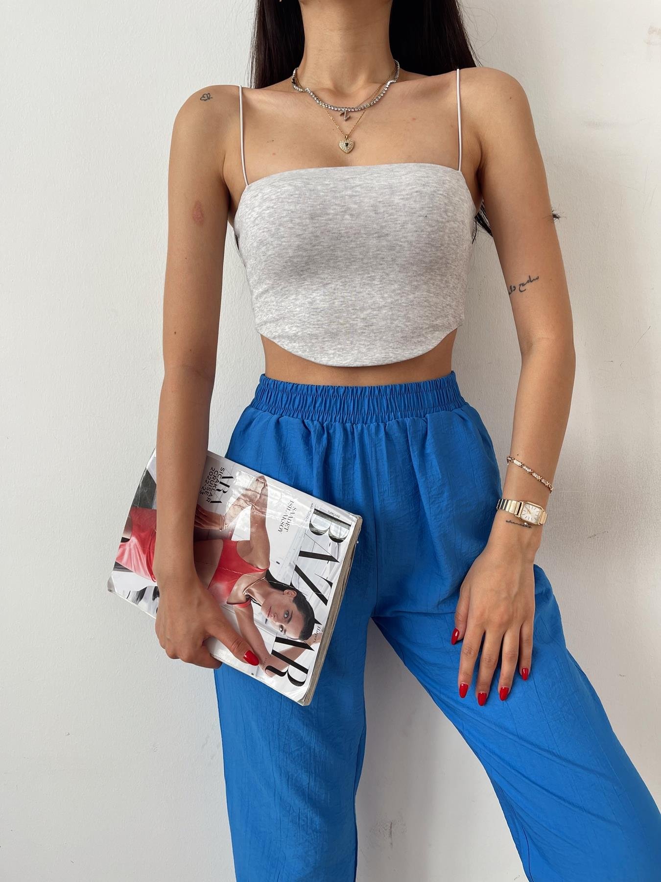 Askılı Crop Top GRİ MELANJ