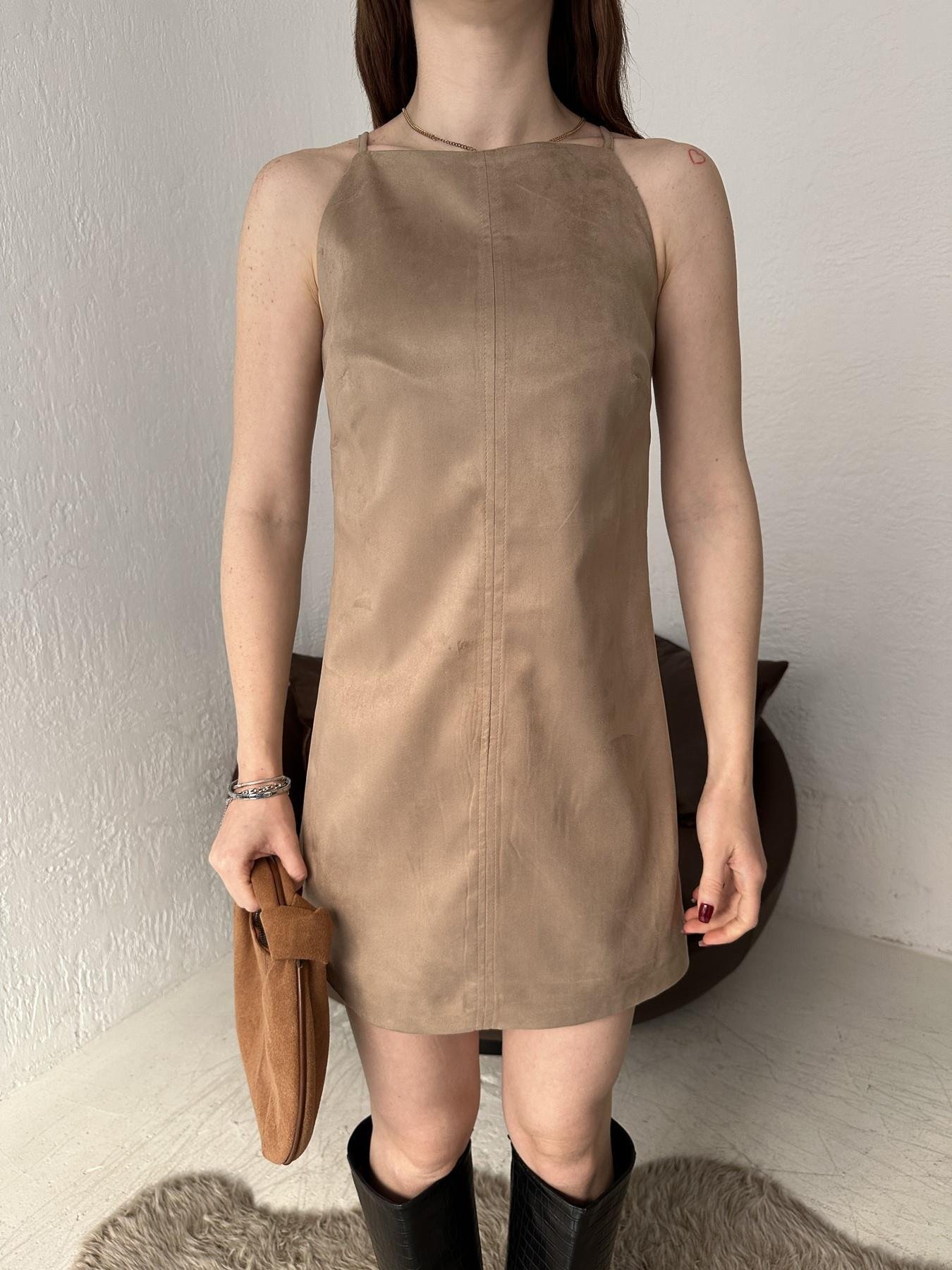 Askılı Kısa Süet Elbise BEJ