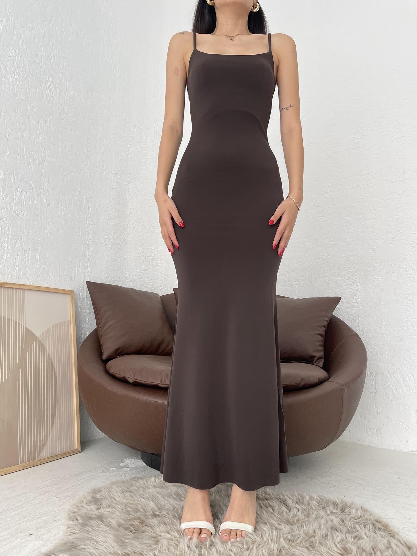 Askılı Uzun Elbise KAHVE