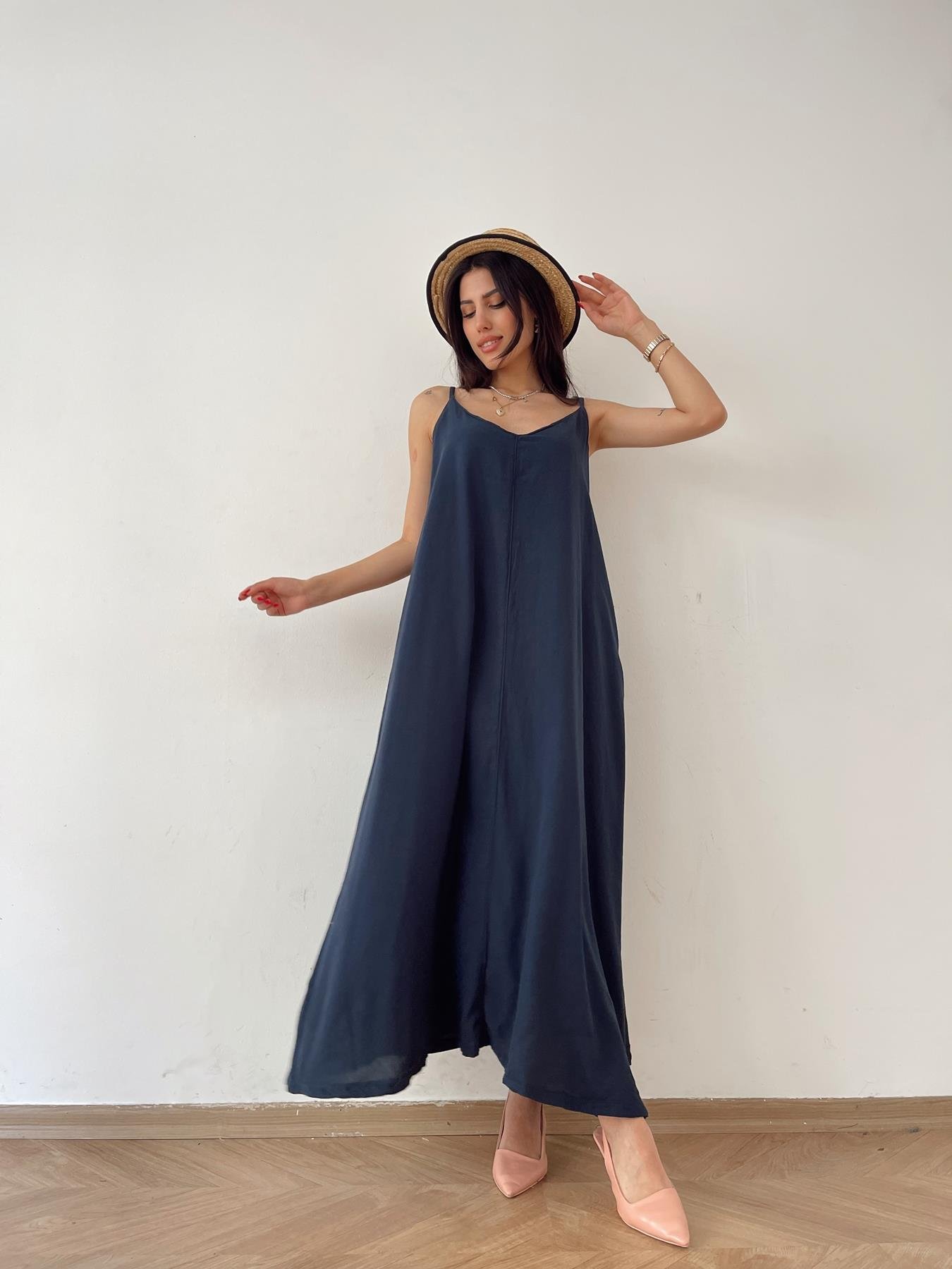 Askılı Uzun Elbise LACİVERT