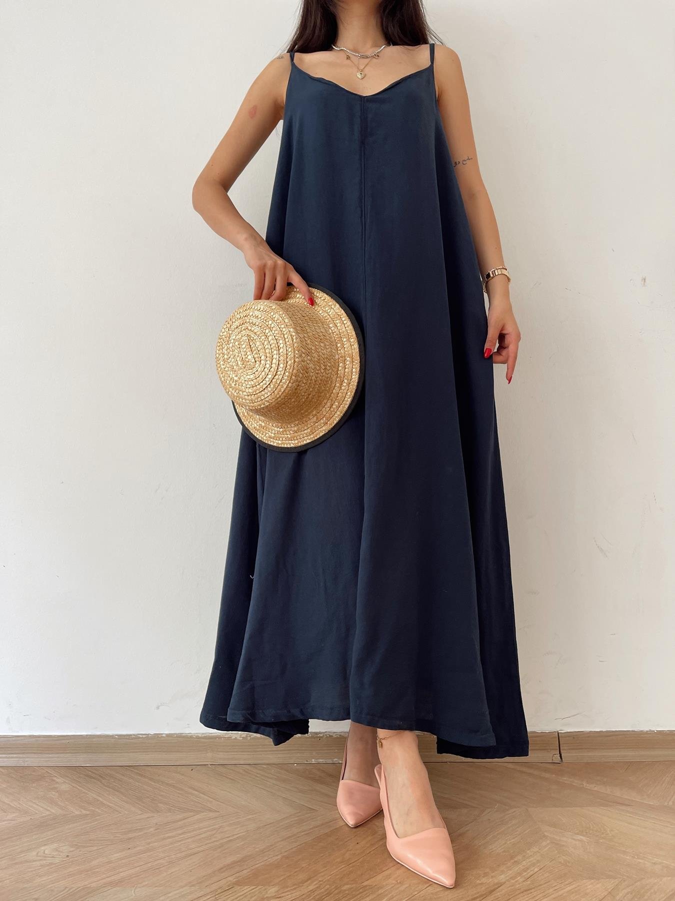 Askılı Uzun Elbise LACİVERT