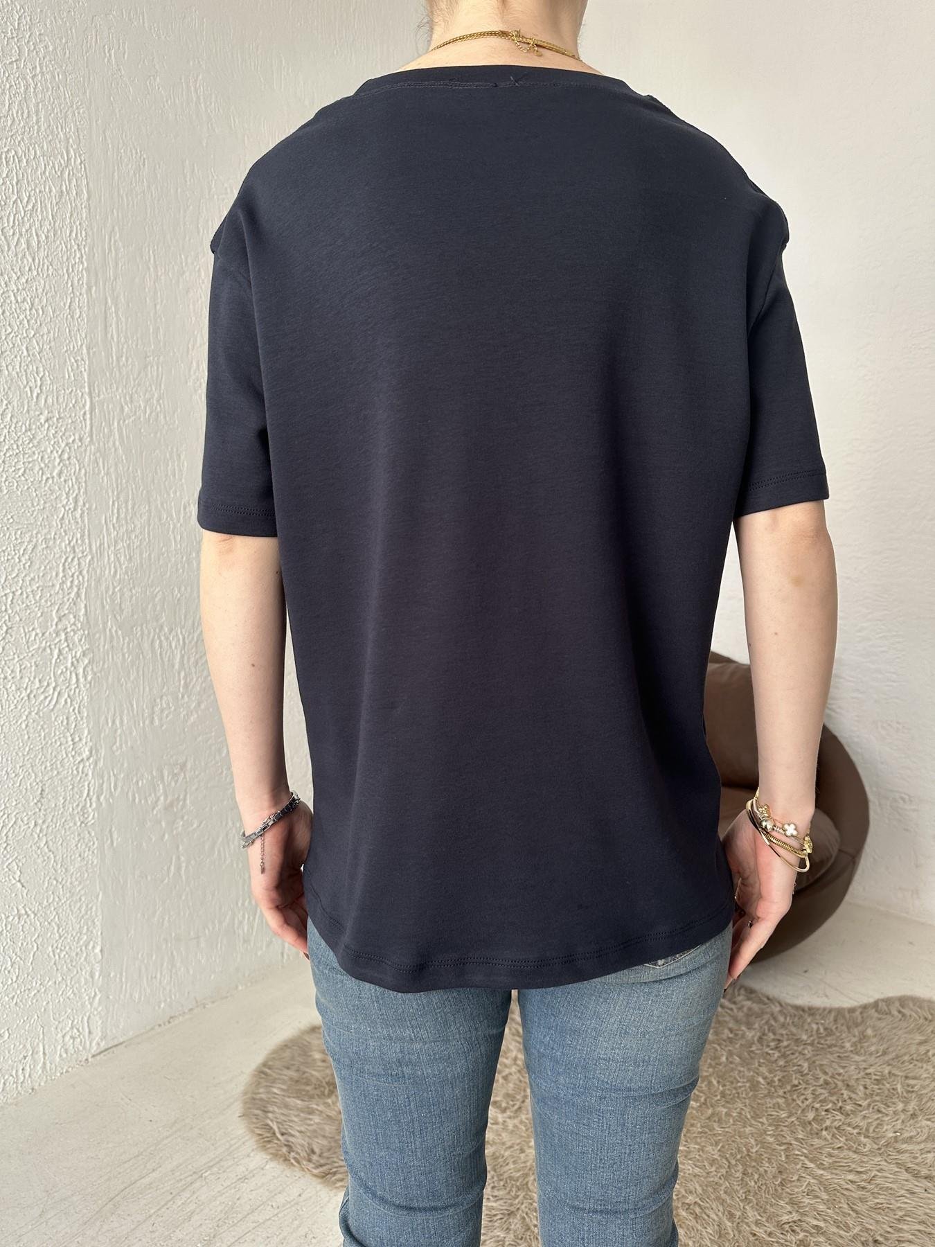 Ayıcık Nakışlı Bisiklet Yaka Tişört LACİVERT