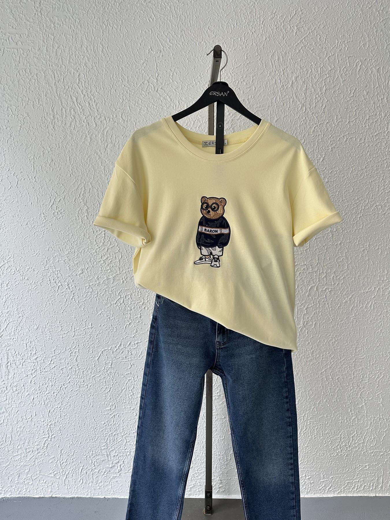 Ayıcık Nakışlı Bisiklet Yaka Tişört Sarı