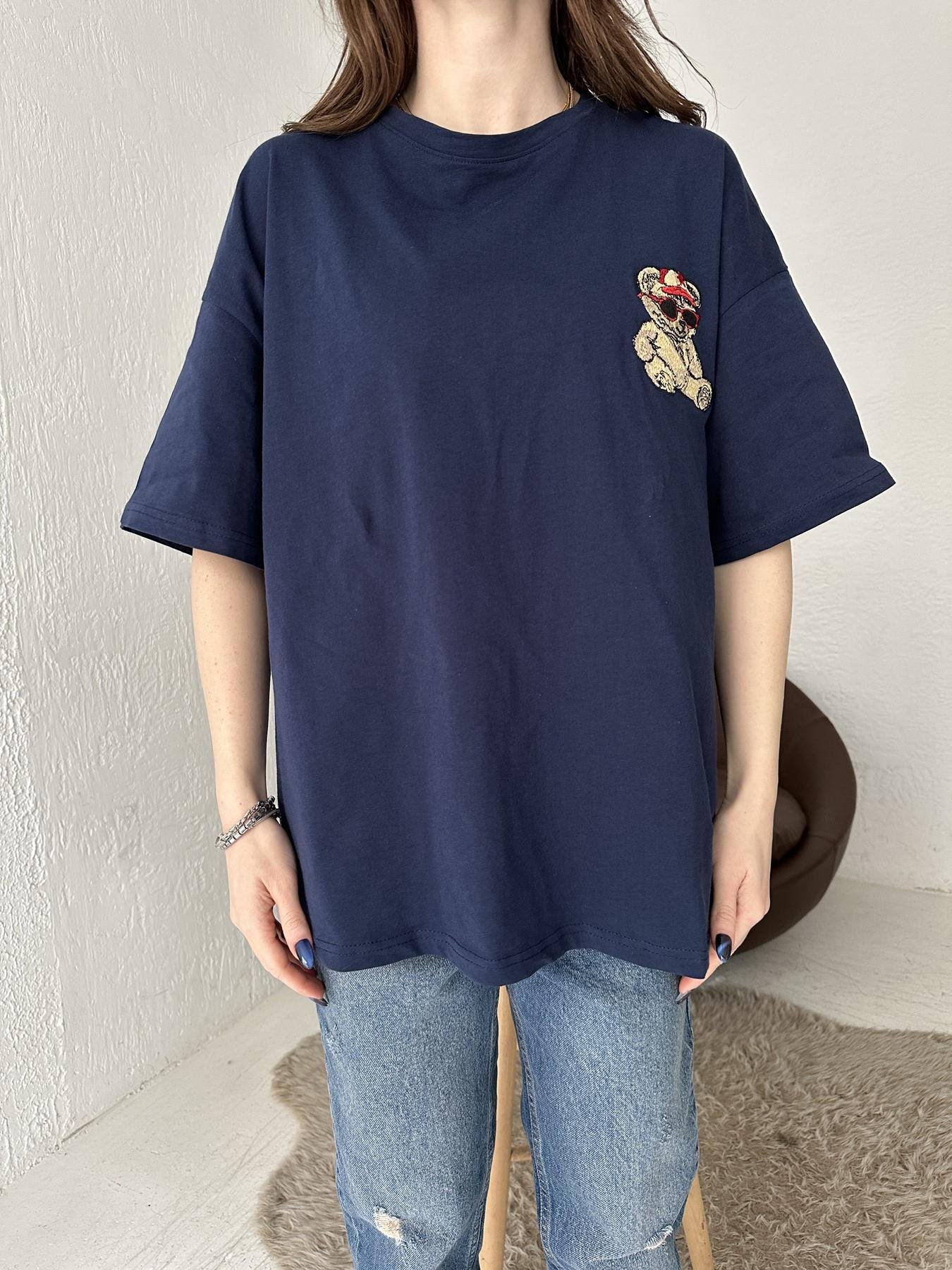 Ayıcık Nakışlı Tişört LACİVERT