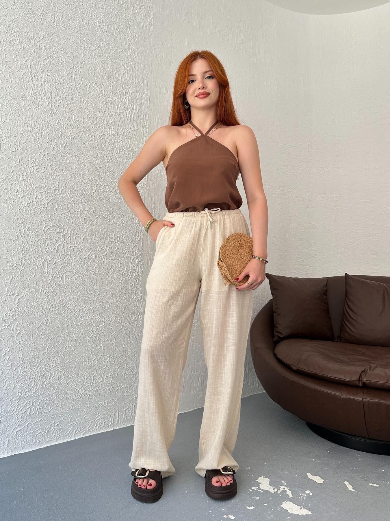 Bağcıklı Keten Pantolon Naturel