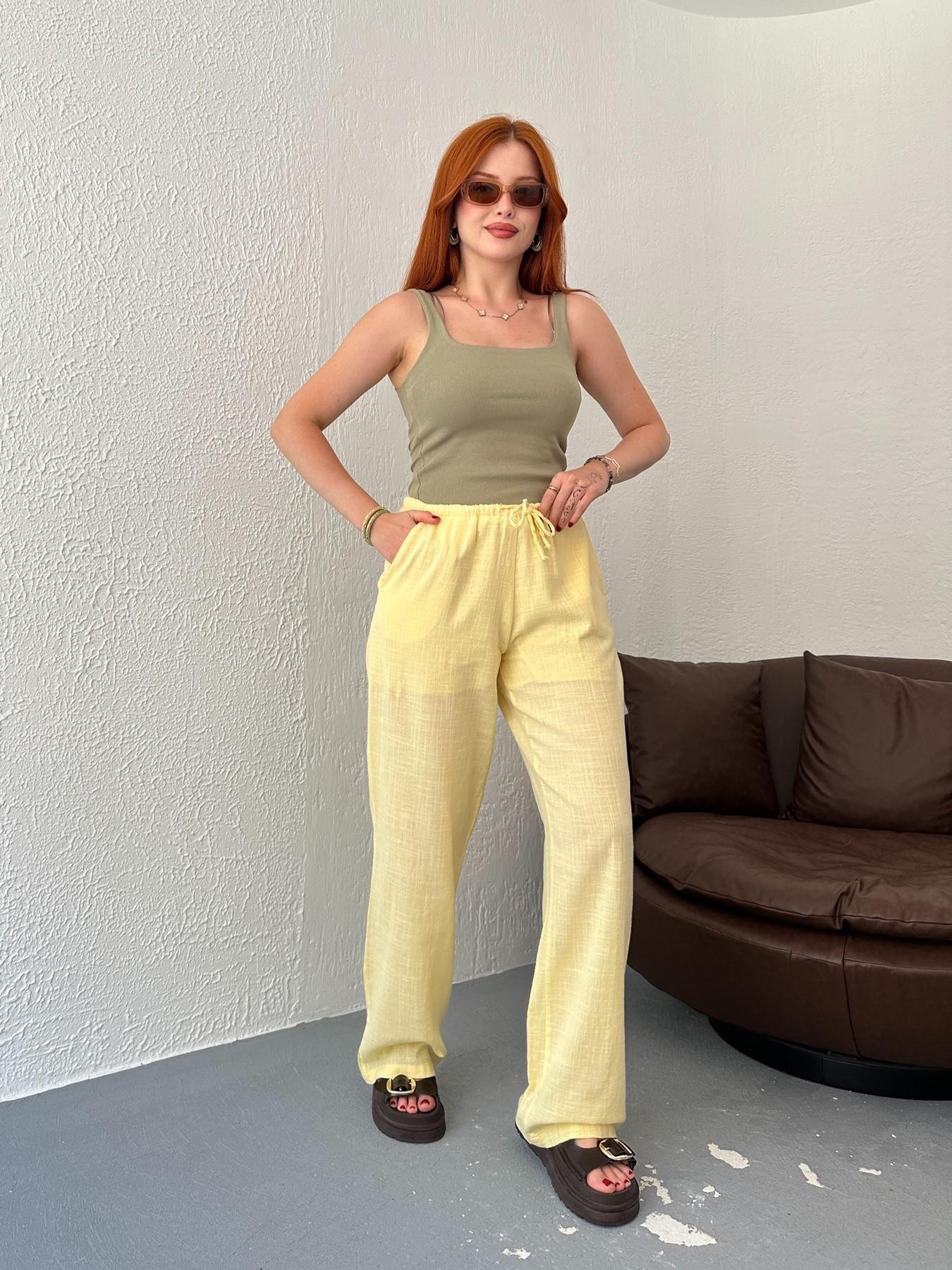 Bağcıklı Keten Pantolon Sarı