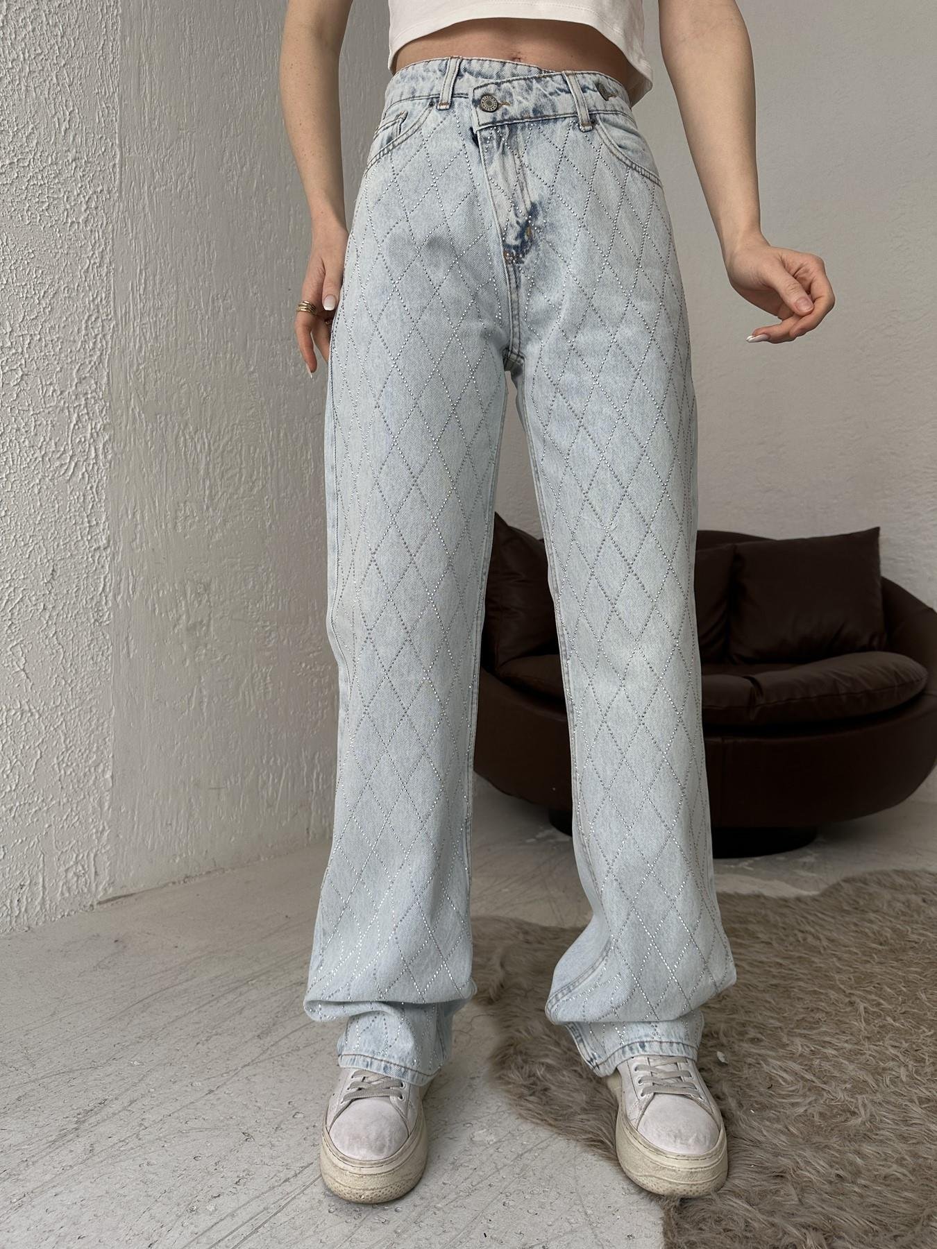 Baklava Desen Taşlı Jean BUZ KAR