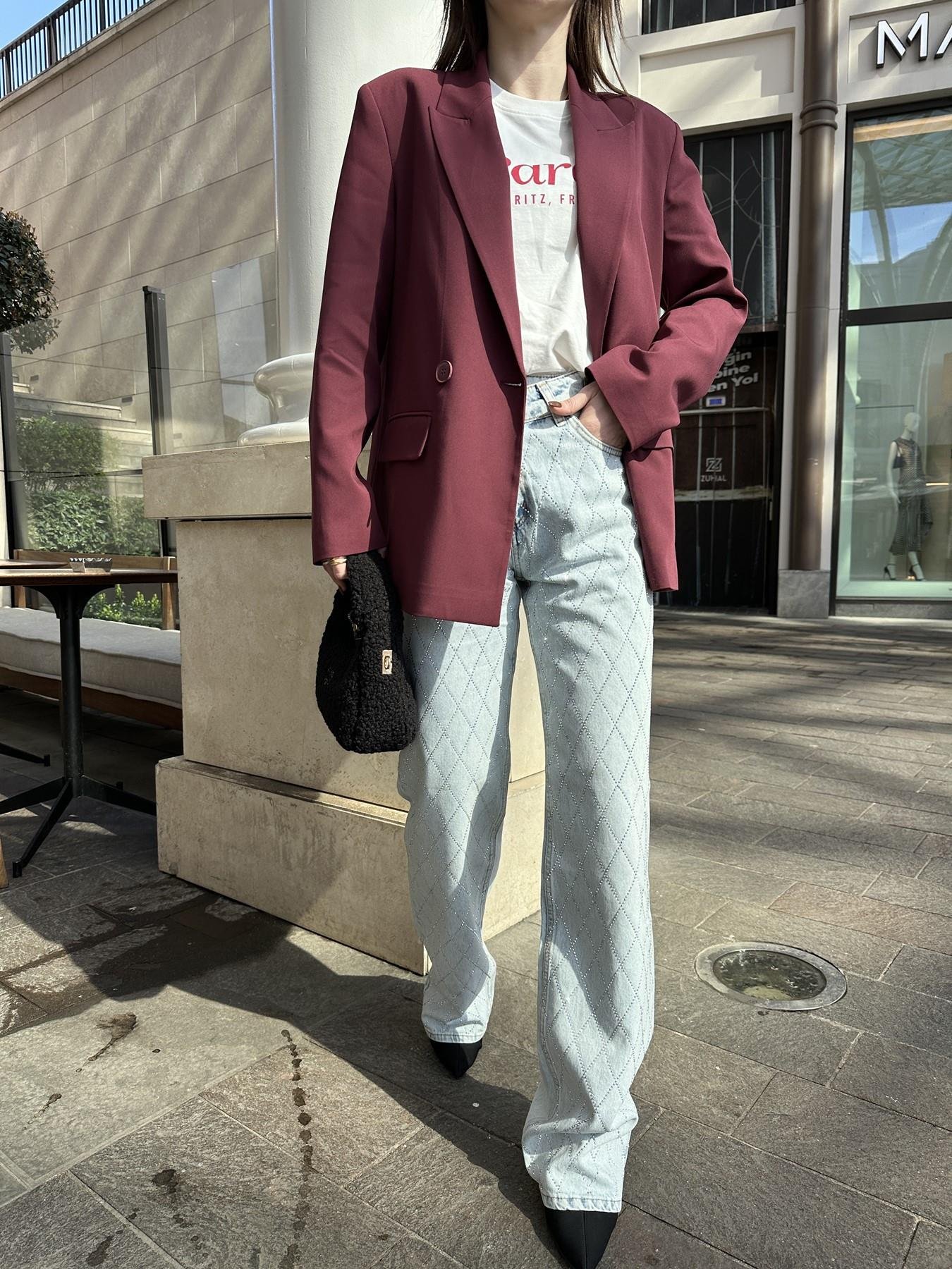 Baklava Desen Taşlı Jean BUZ KAR