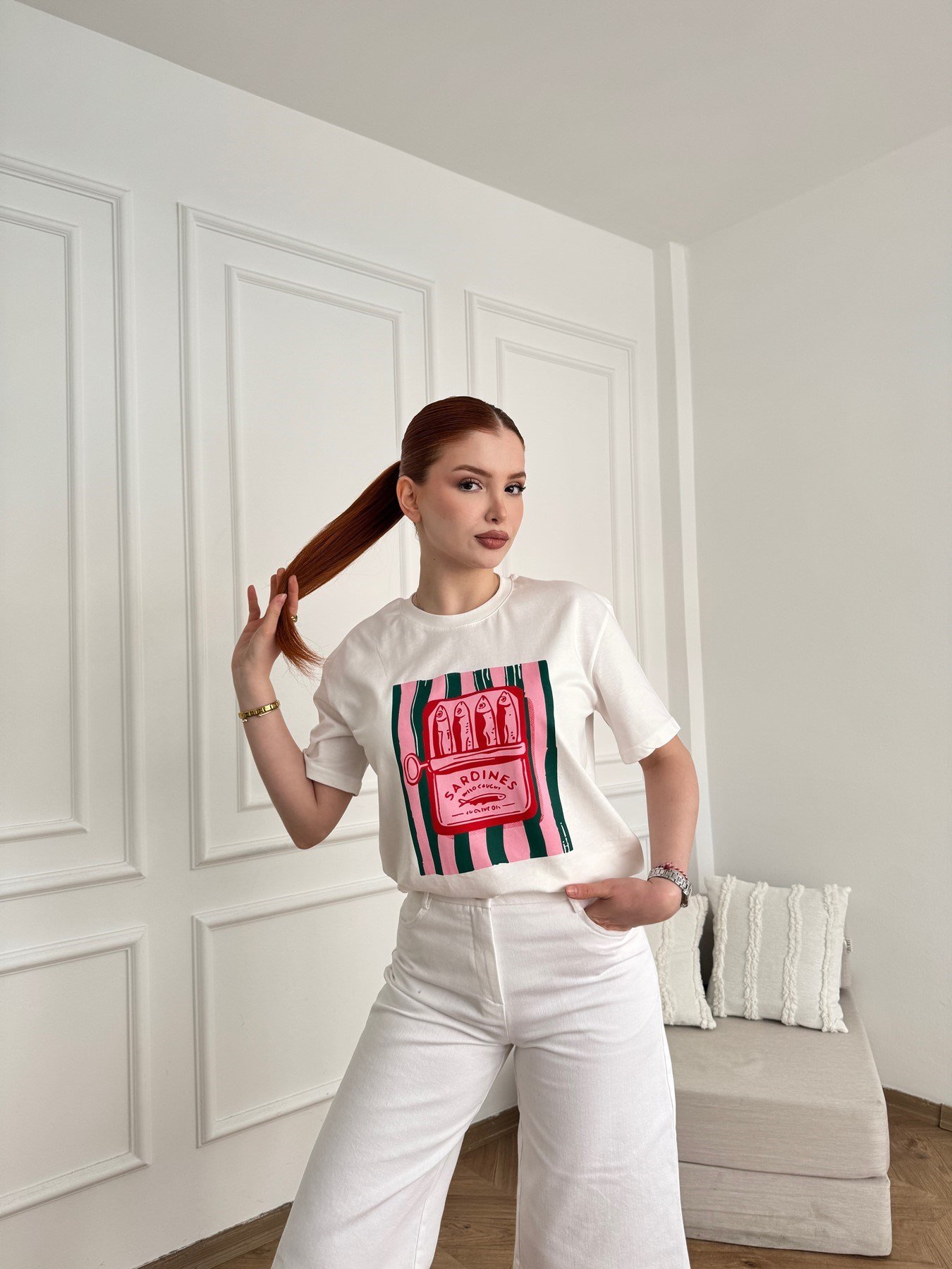 Balık Baskılı Oversize T-shirt Beyaz