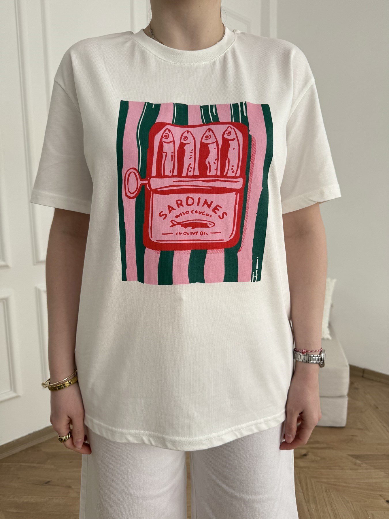 Balık Baskılı Oversize T-shirt Beyaz