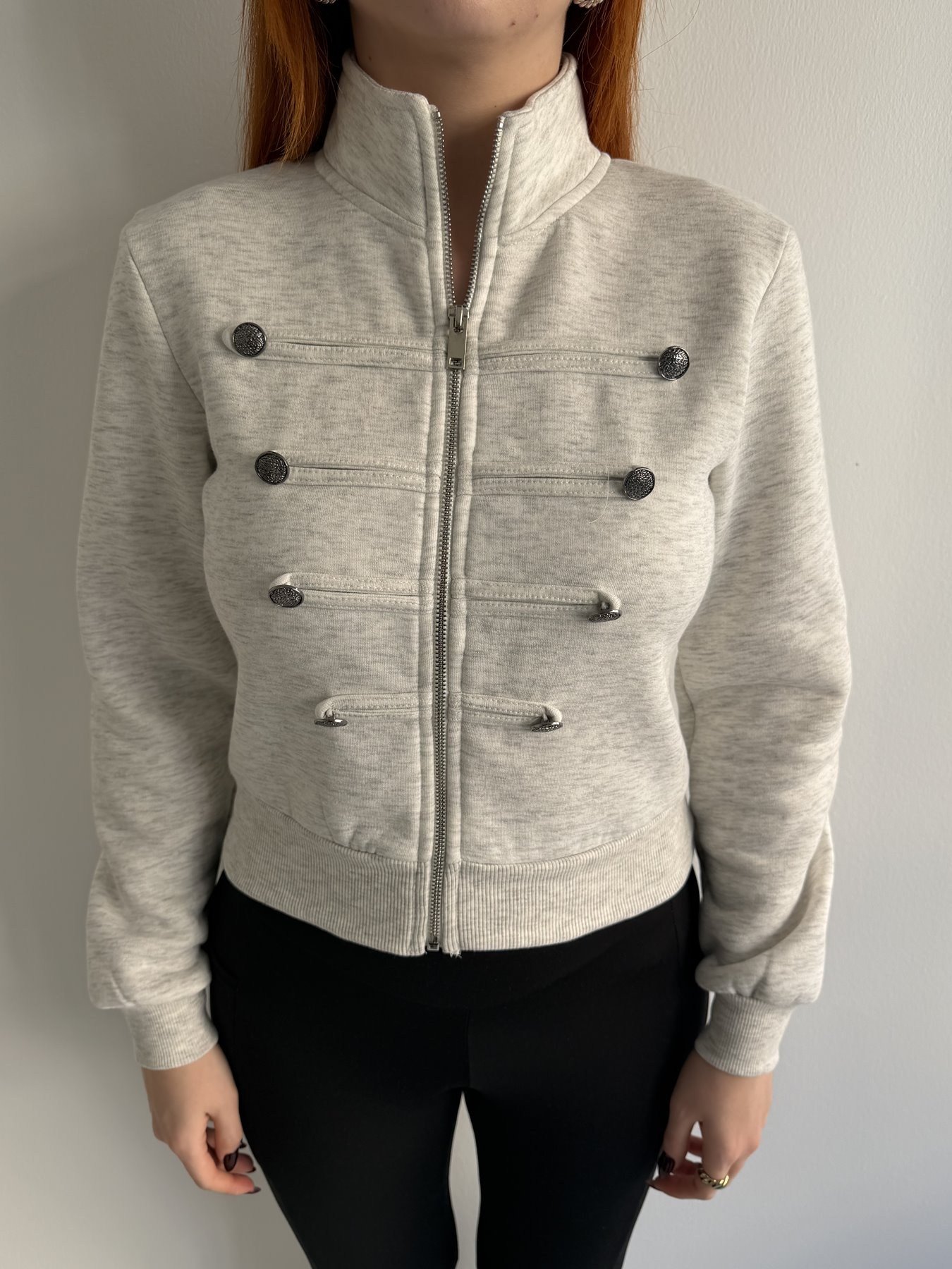 Bando Düğmeli Fermuarlı Sweatshırt Gri melanj