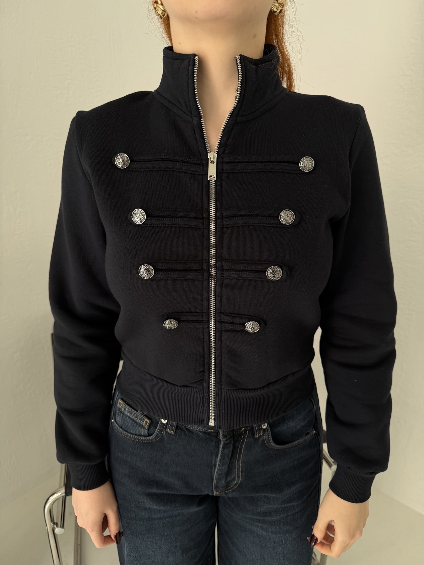 Bando Düğmeli Fermuarlı Sweatshırt Lacivert