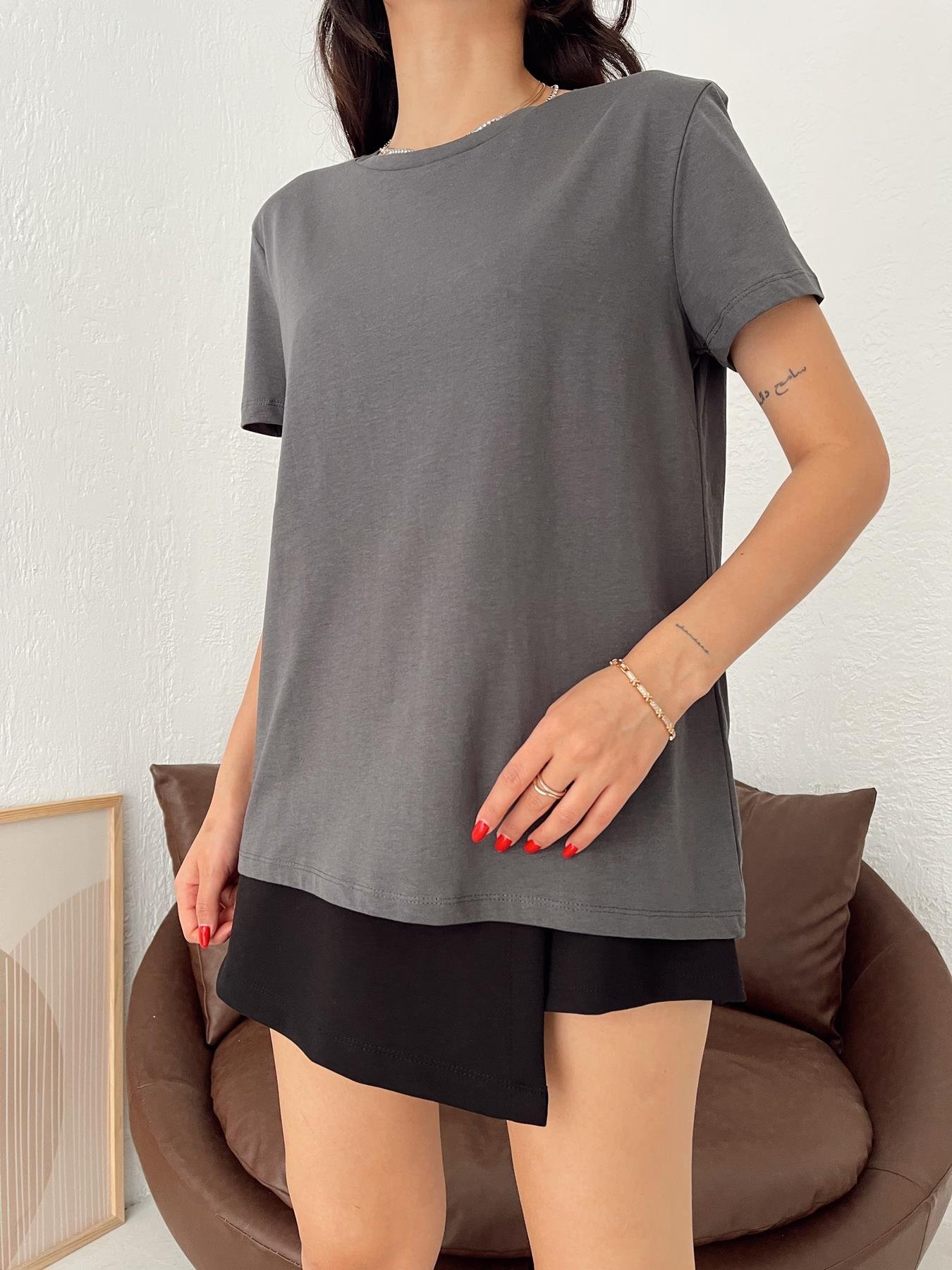 Basic Arkası Uzun Tişört ANTRASİT