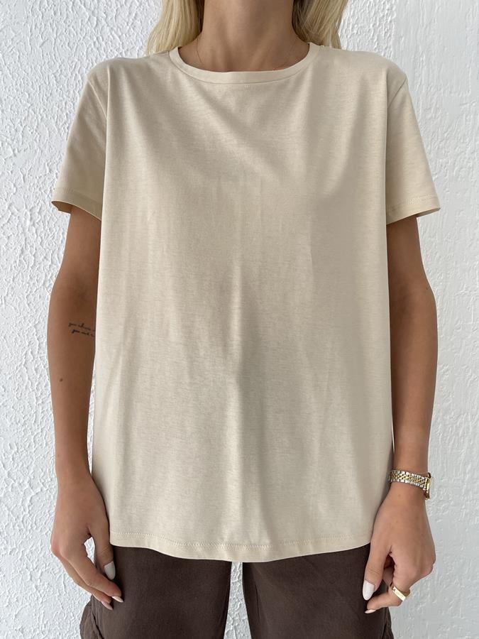 Basic Arkası Uzun Tişört BEJ