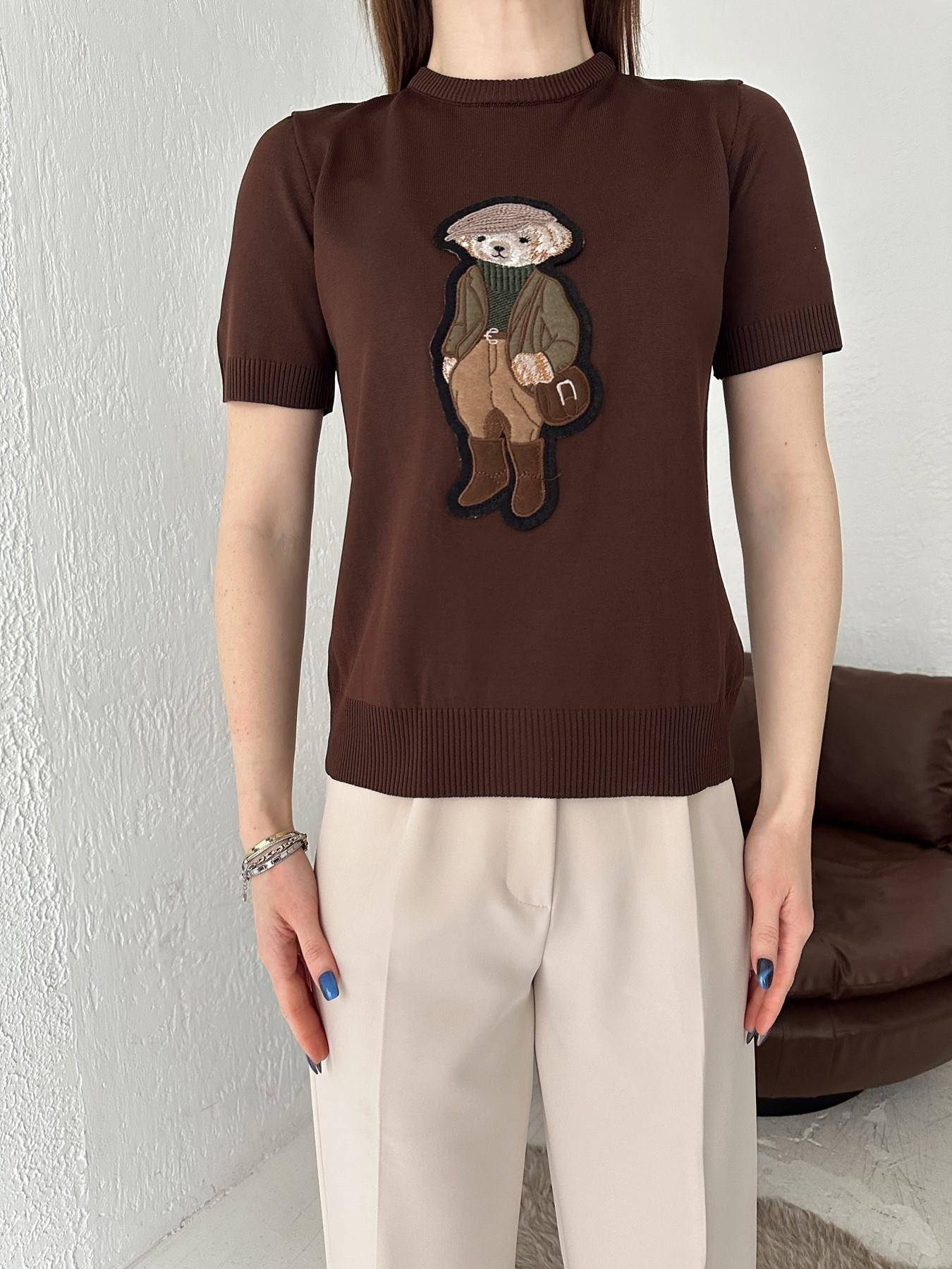 Bear Nakışlı Kısa Kol Triko KAHVE
