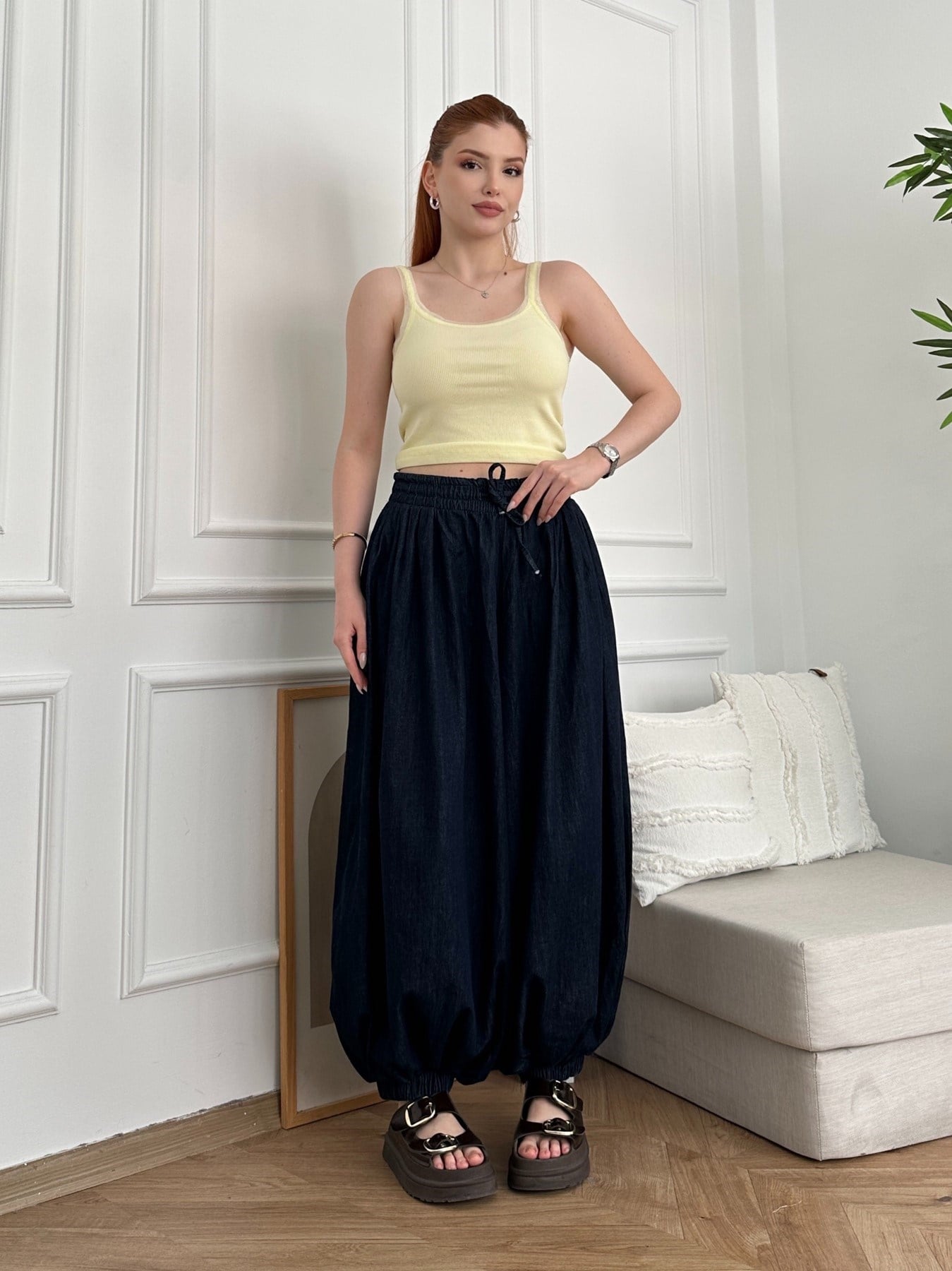 Bel Paça Lastikli Şalvar Kot Pantolon Mavi