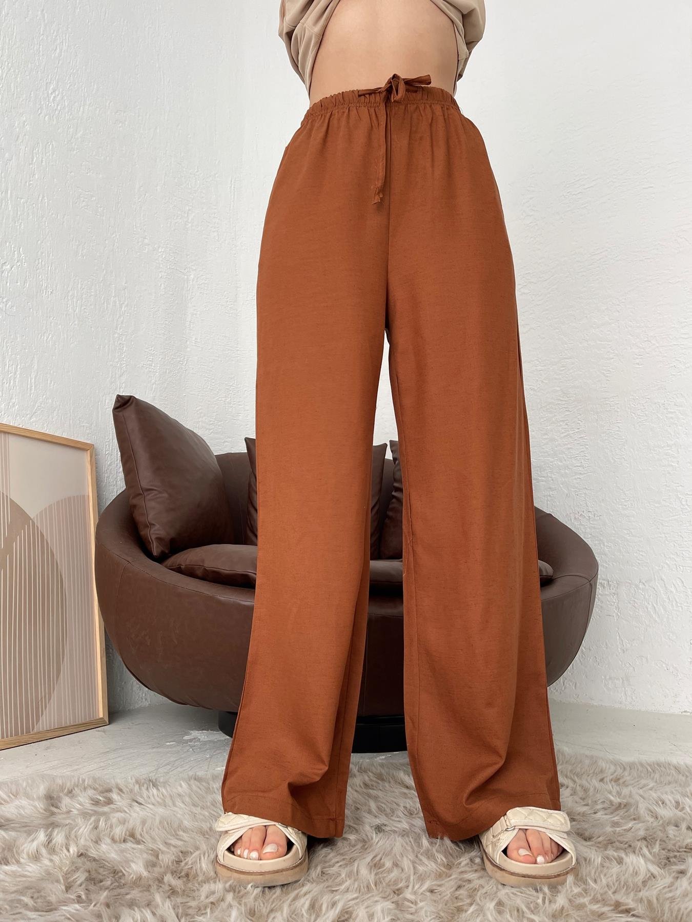 Beli Bağcıklı Keten Pantolon KAHVE