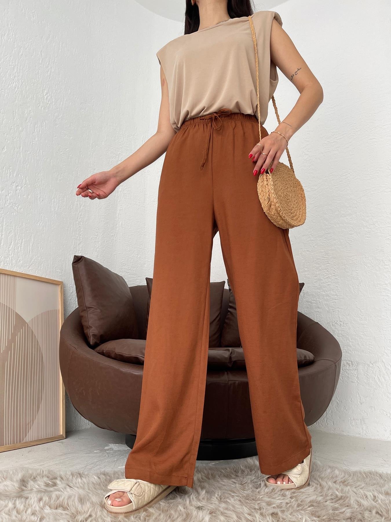 Beli Bağcıklı Keten Pantolon KAHVE