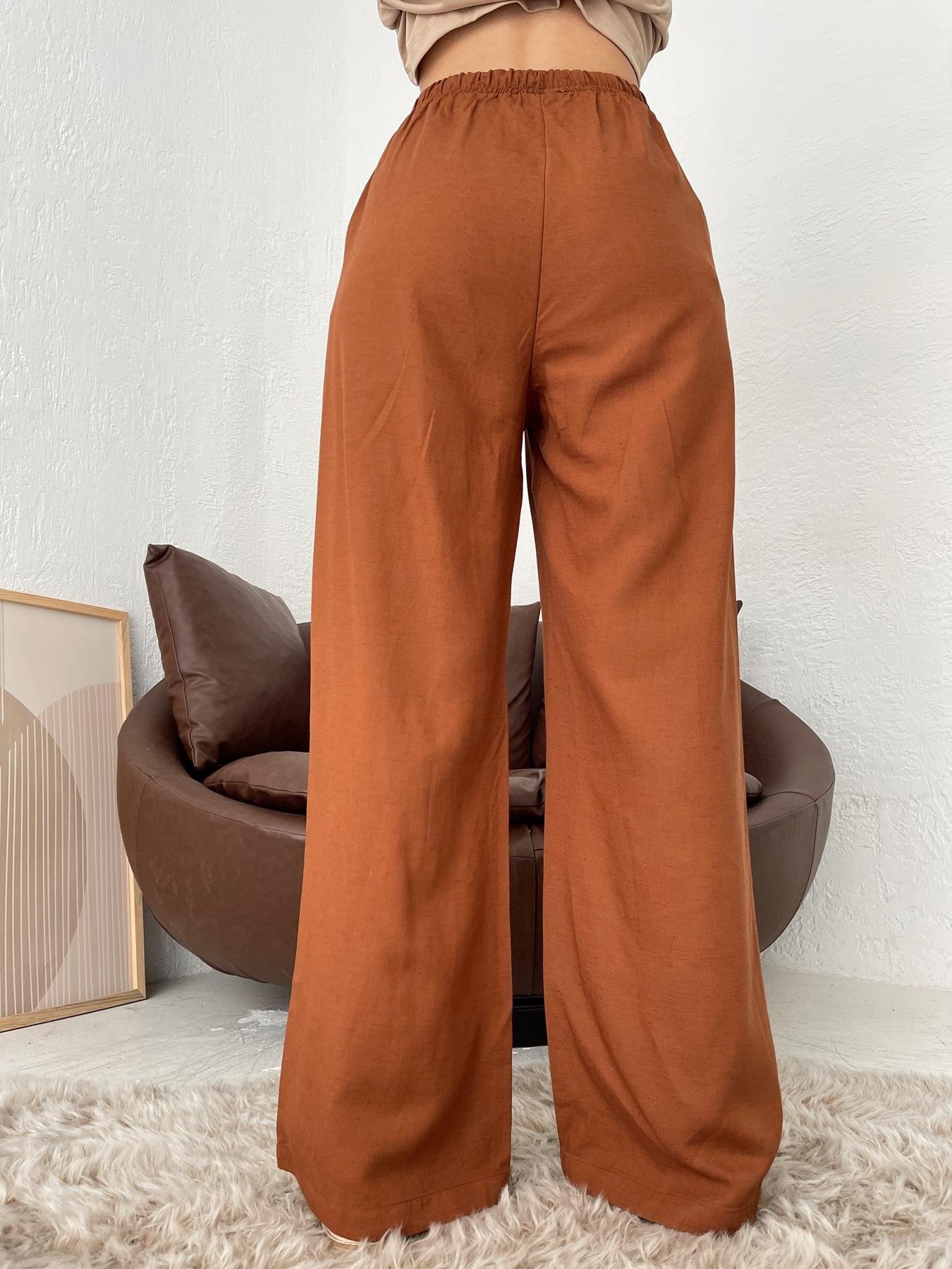 Beli Bağcıklı Keten Pantolon KAHVE