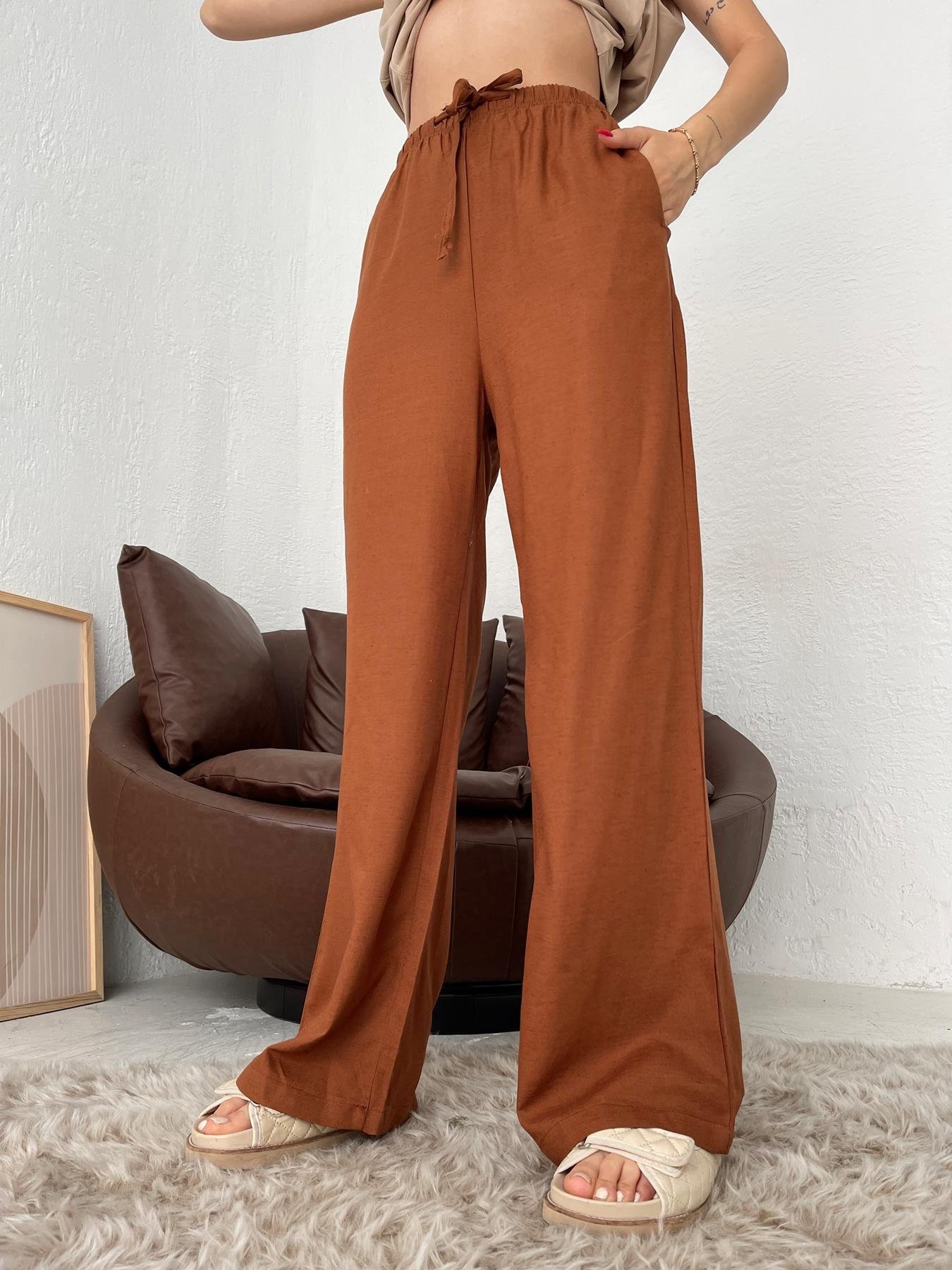 Beli Bağcıklı Keten Pantolon KAHVE