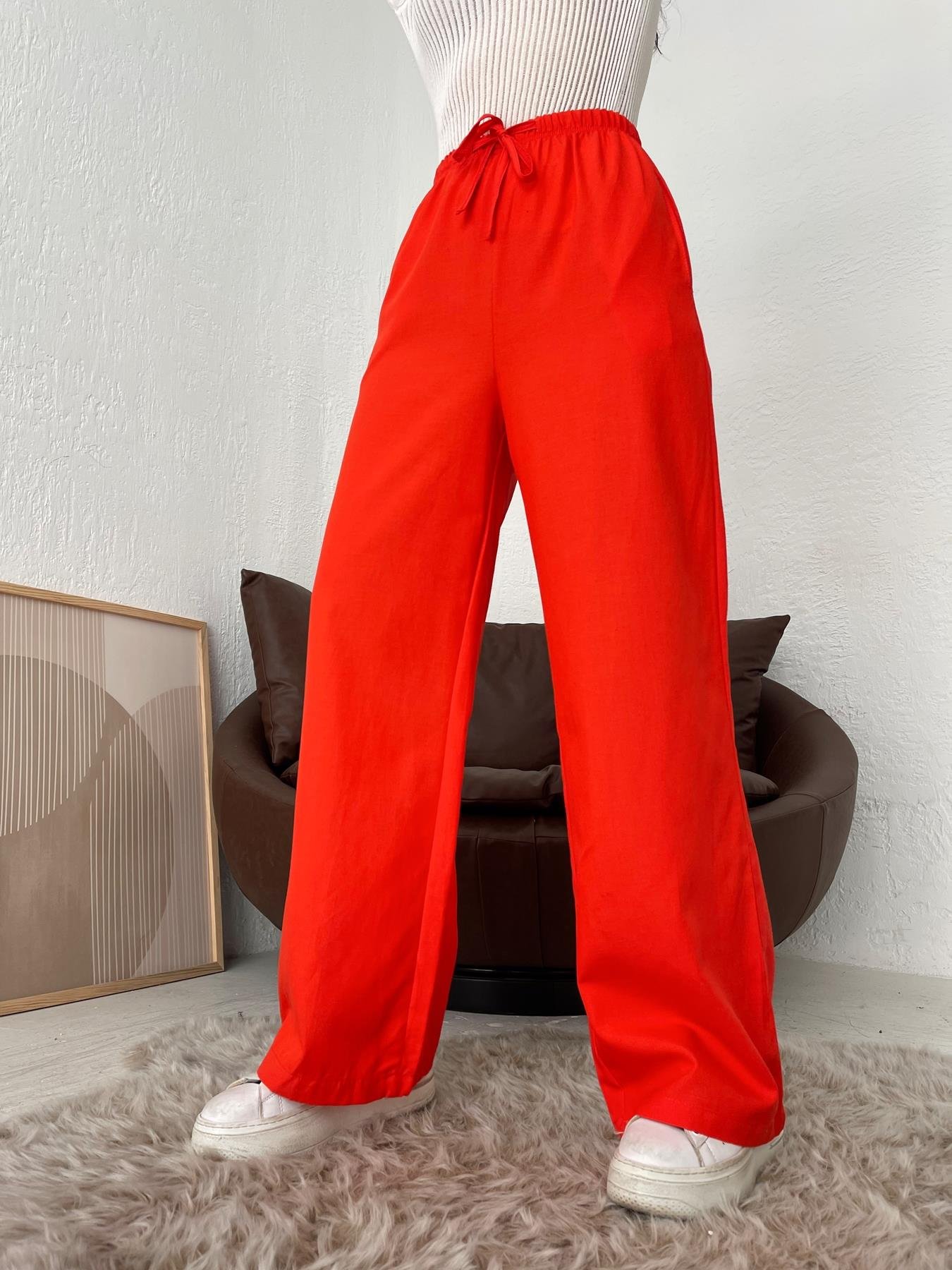 Beli Bağcıklı Keten Pantolon KIRMIZI