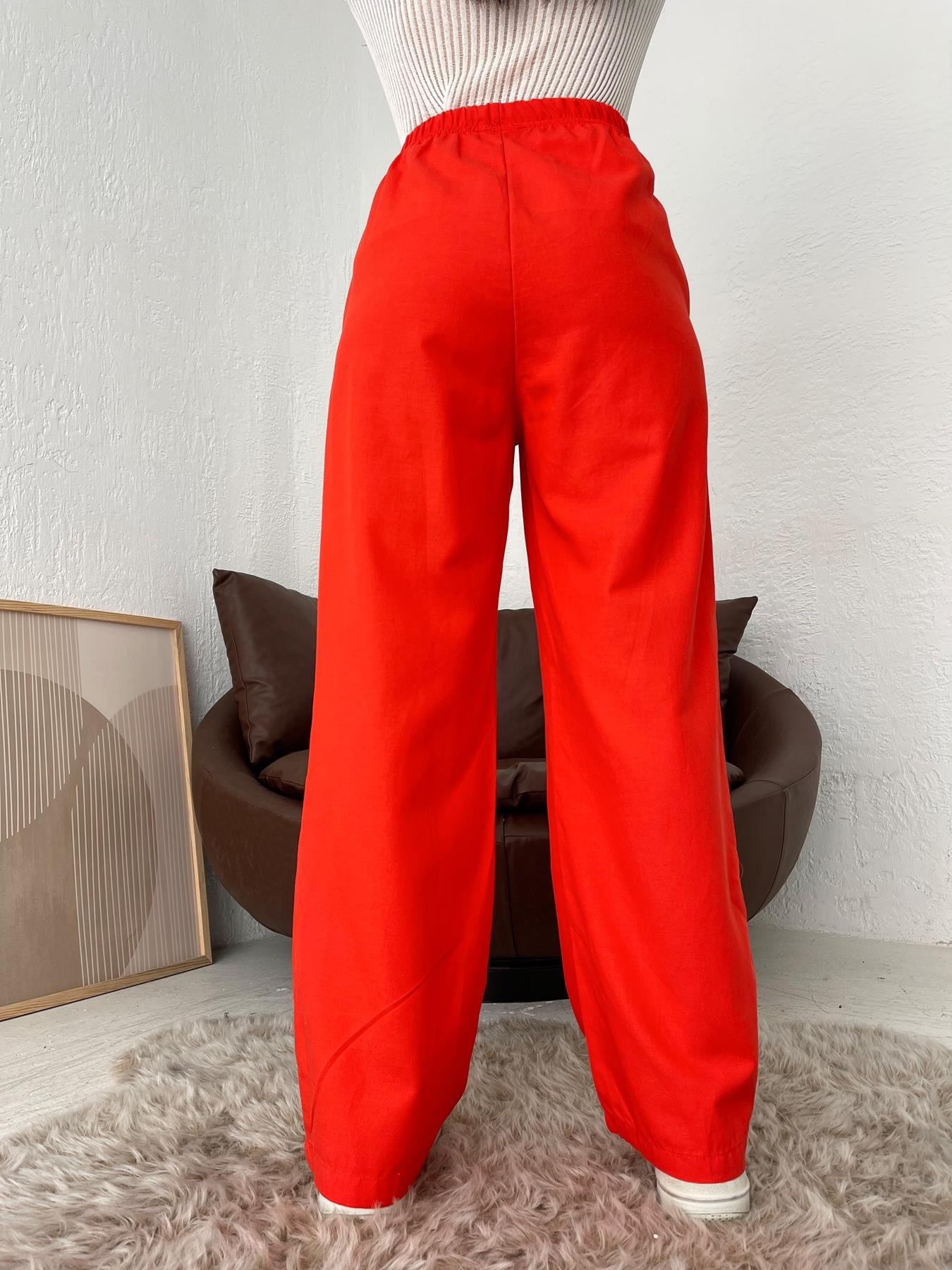 Beli Bağcıklı Keten Pantolon KIRMIZI