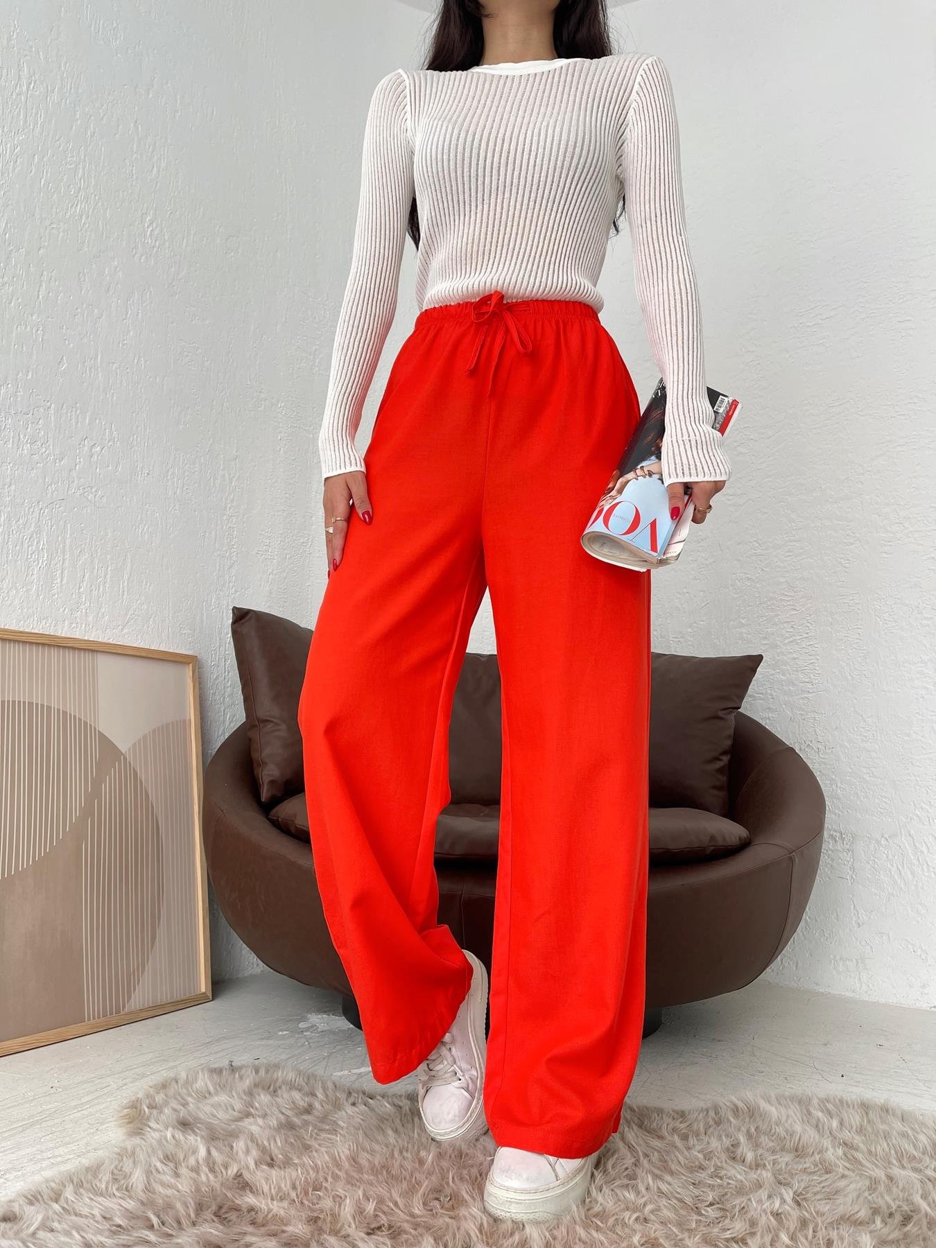 Beli Bağcıklı Keten Pantolon KIRMIZI