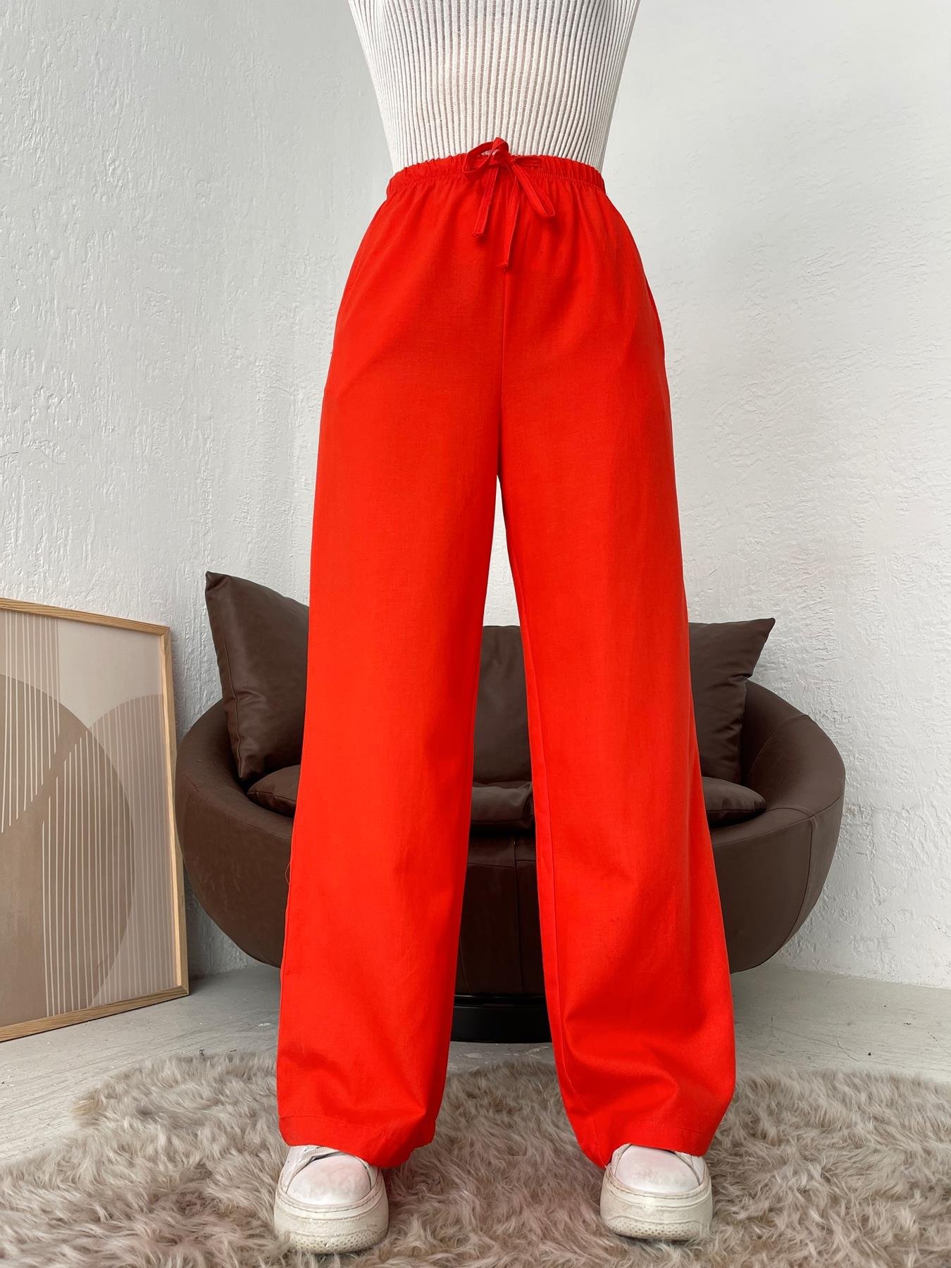 Beli Bağcıklı Keten Pantolon KIRMIZI
