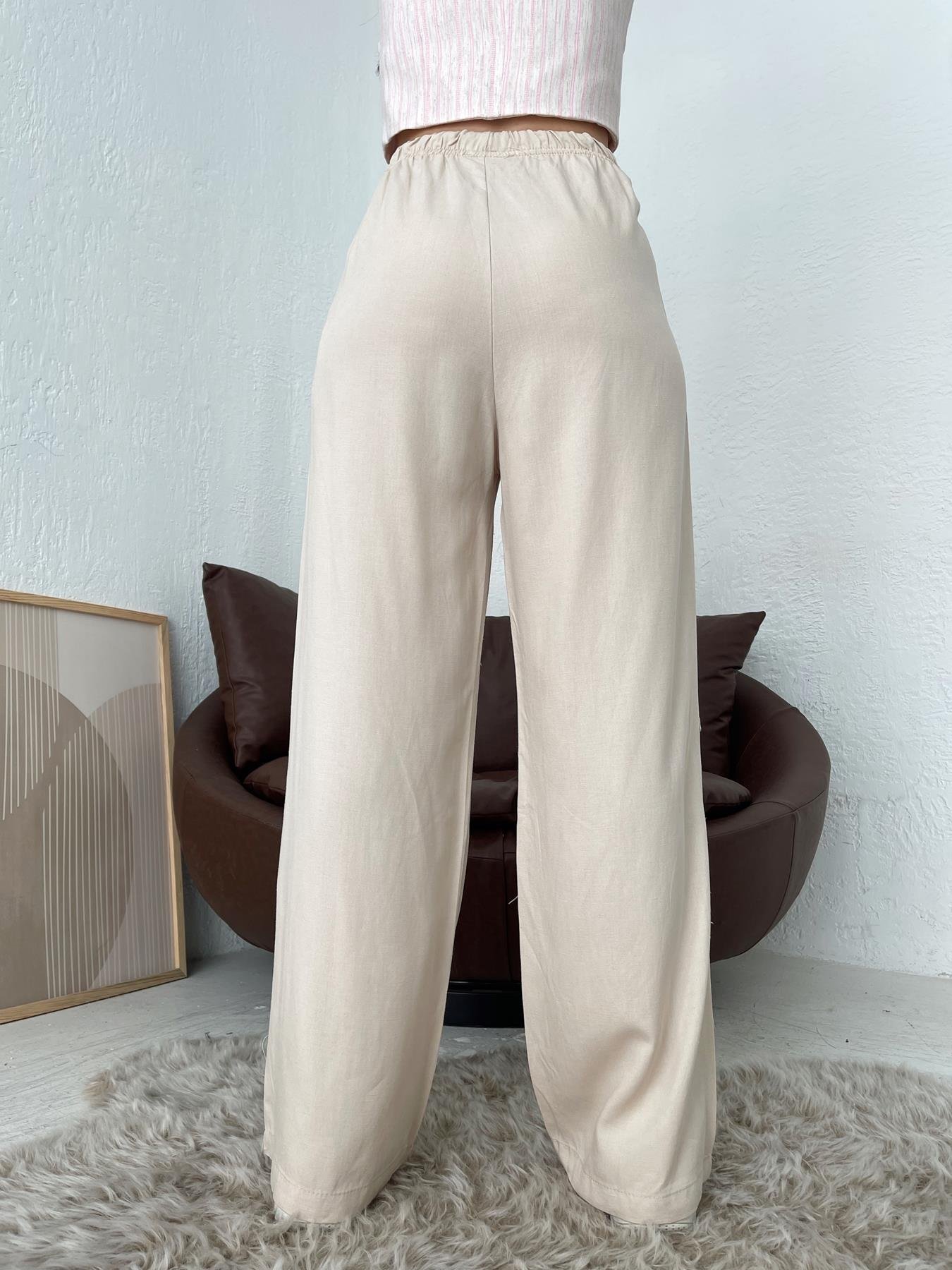 Beli Bağcıklı Keten Pantolon TAŞ