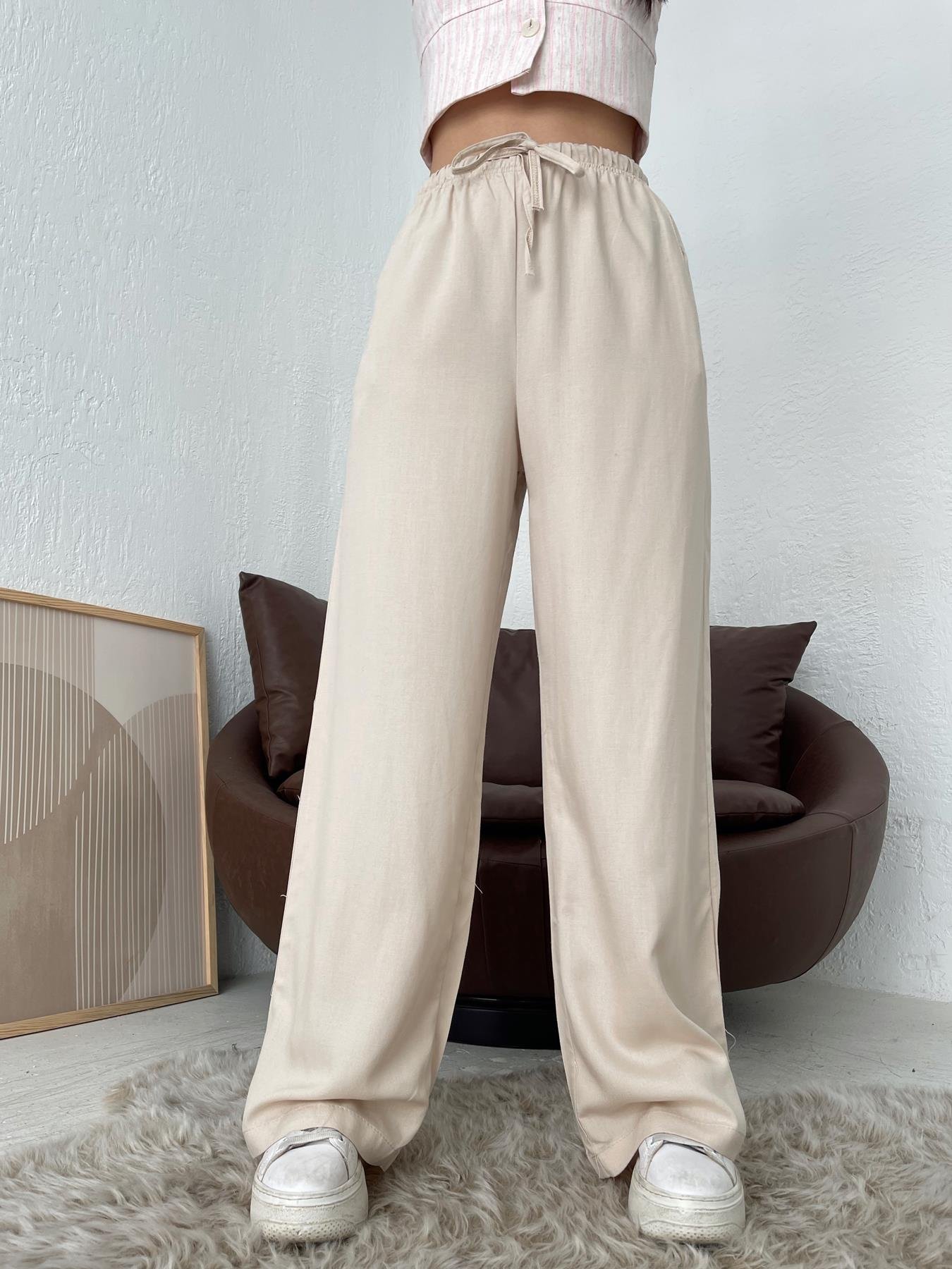 Beli Bağcıklı Keten Pantolon TAŞ