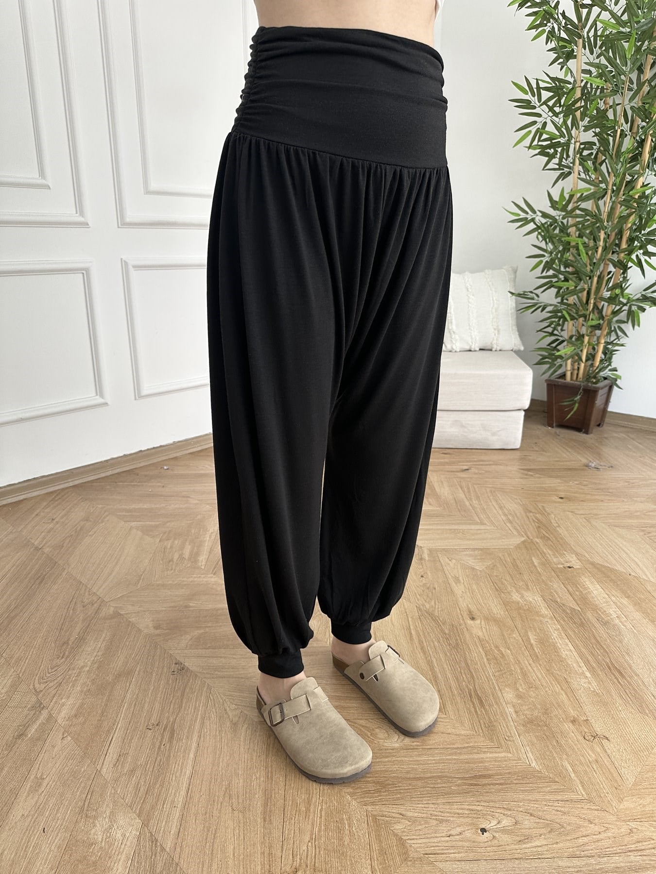 Beli Korsajlı Penye Şalvar Pantolon Siyah