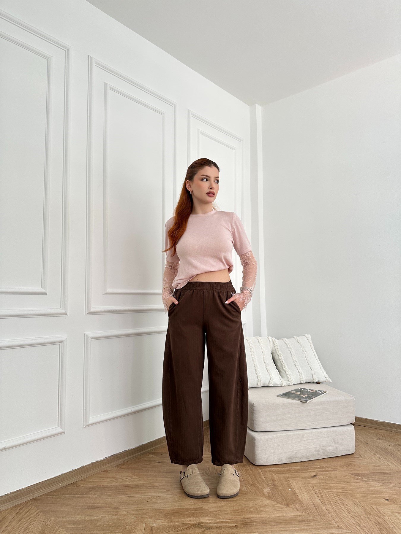 Beli Lastikli Balon Pantolon Acı kahve