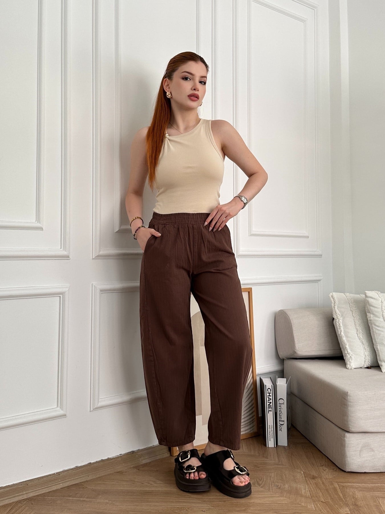 Beli Lastikli Balon Pantolon Açık kahve