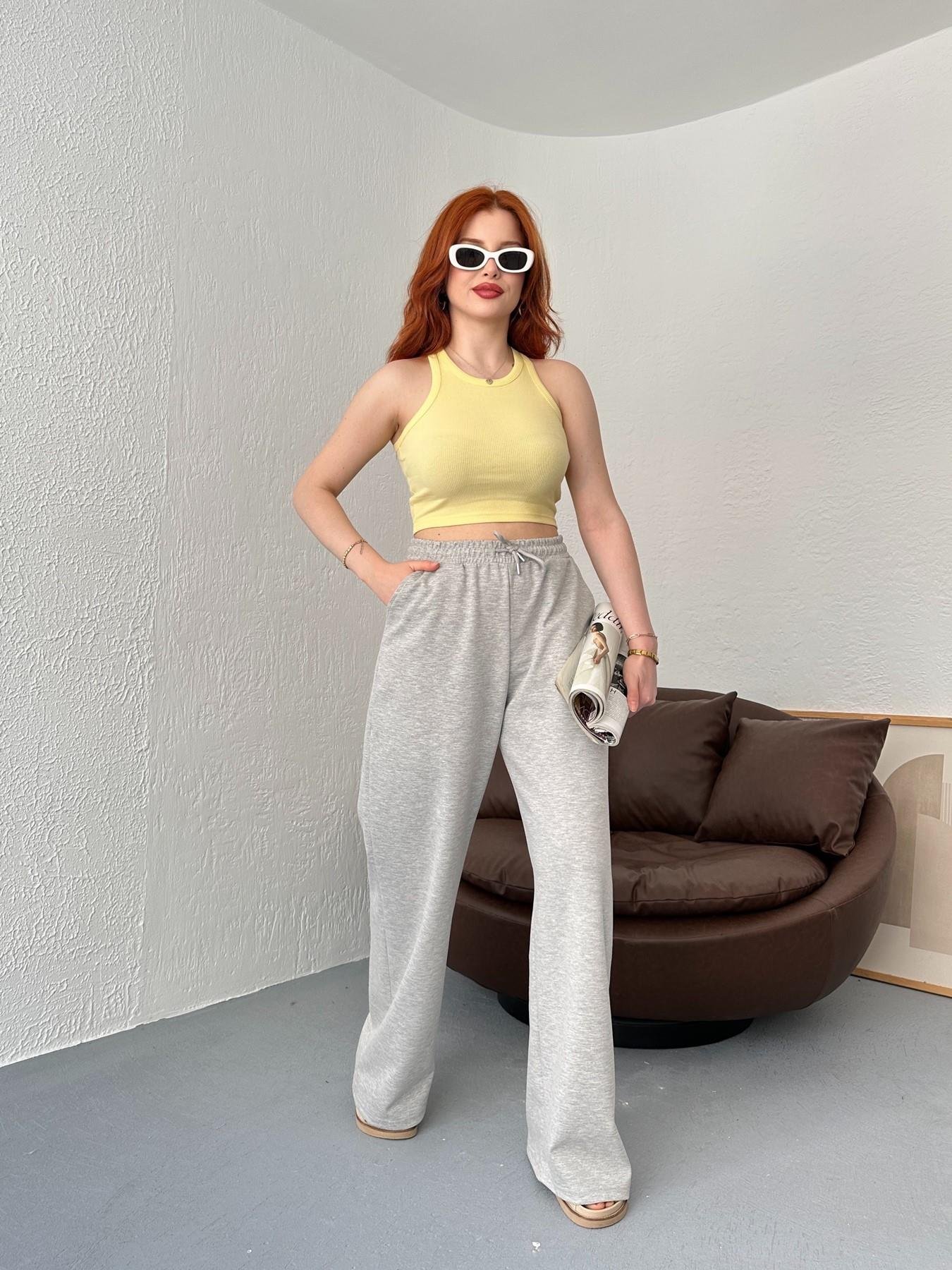 Beli Lastikli Bol Paça Eşofman Altı Gri melanj