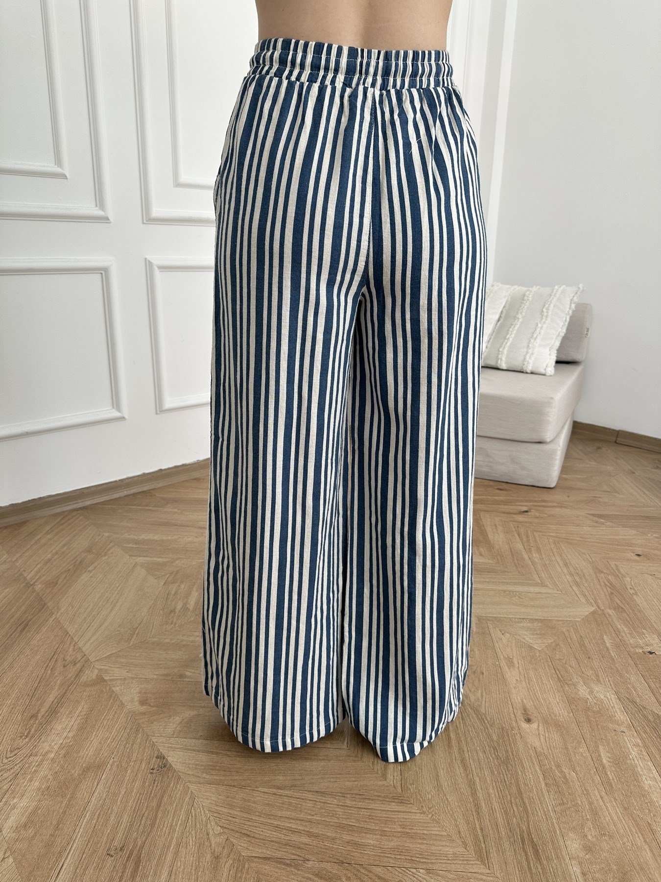 Beli Lastikli Çizgili Bol Paça Pantolon Mavi