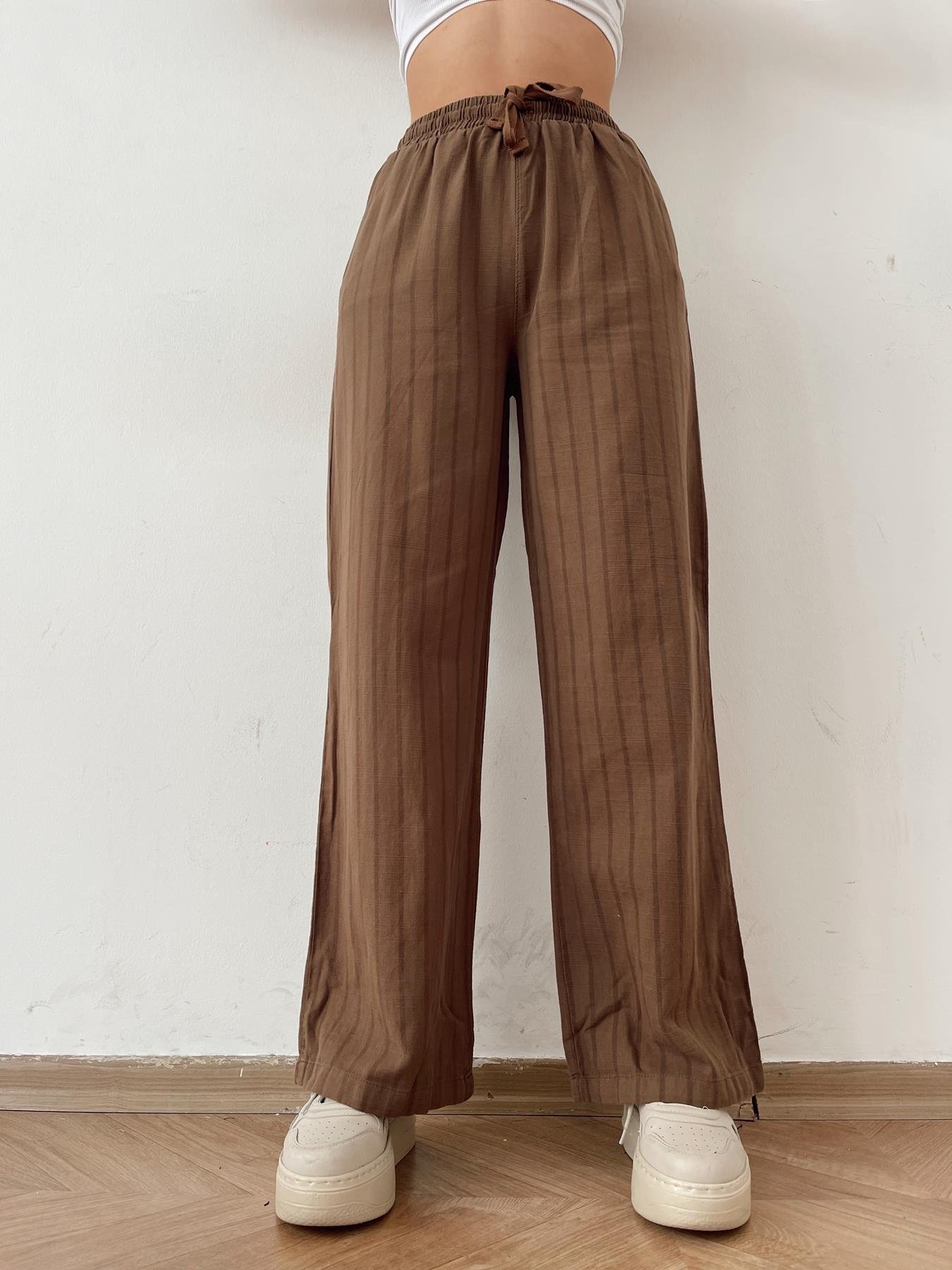 Beli Lastikli Çizgili Keten Pantolon KAHVE
