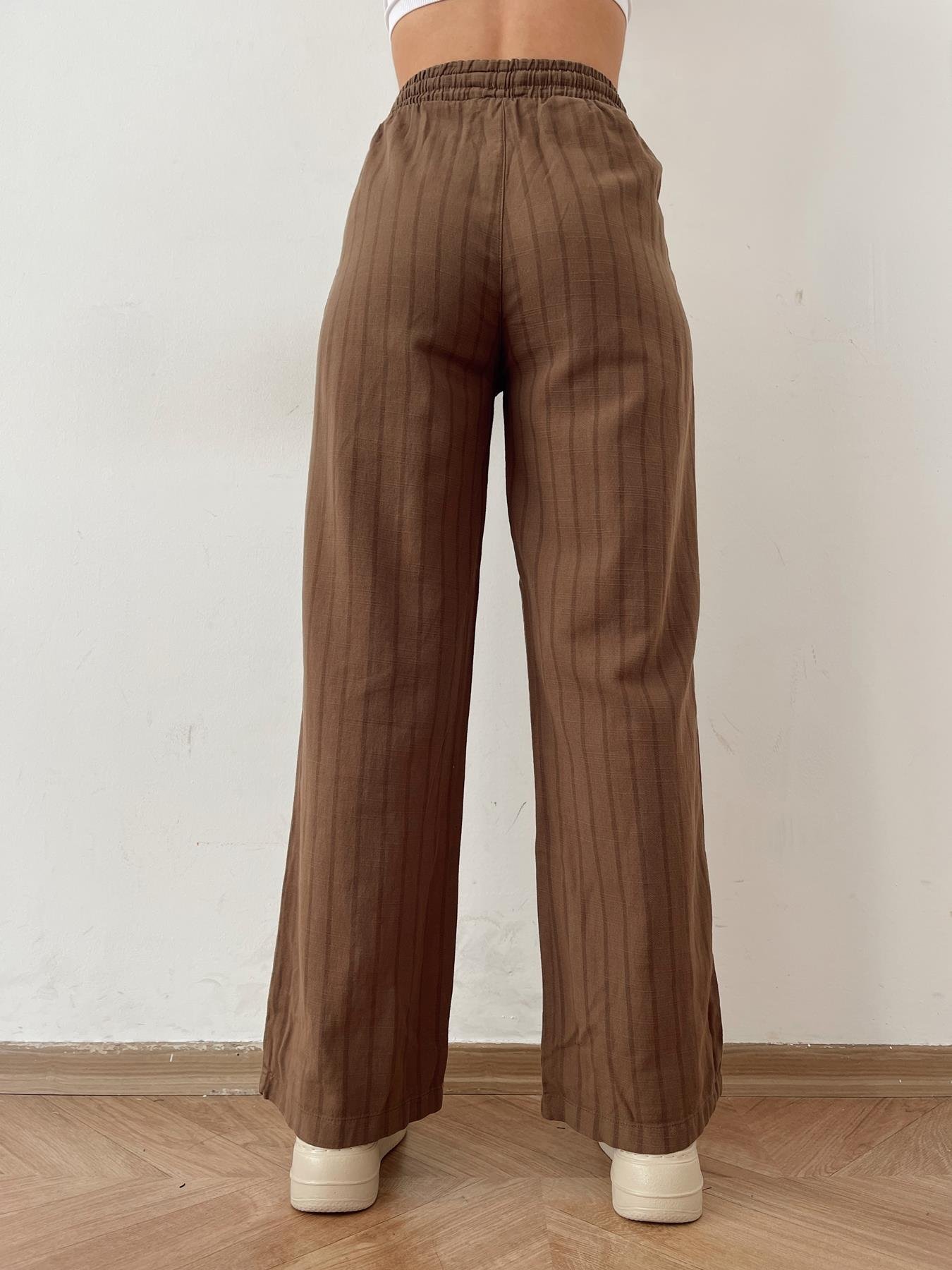 Beli Lastikli Çizgili Keten Pantolon KAHVE
