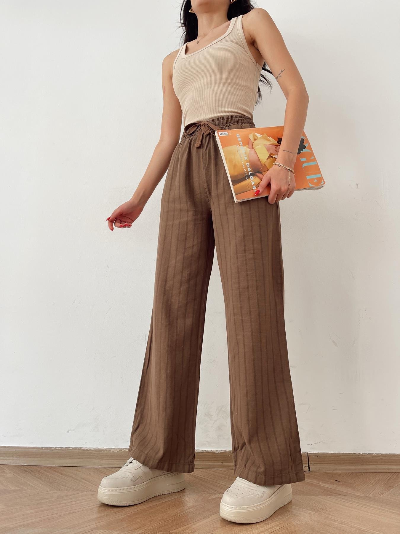 Beli Lastikli Çizgili Keten Pantolon KAHVE