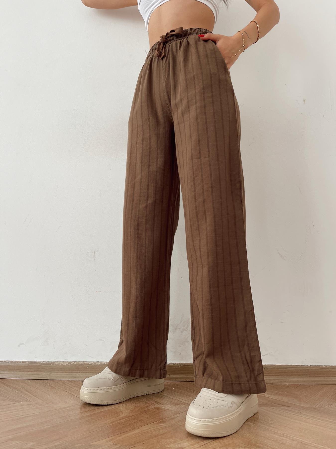 Beli Lastikli Çizgili Keten Pantolon KAHVE