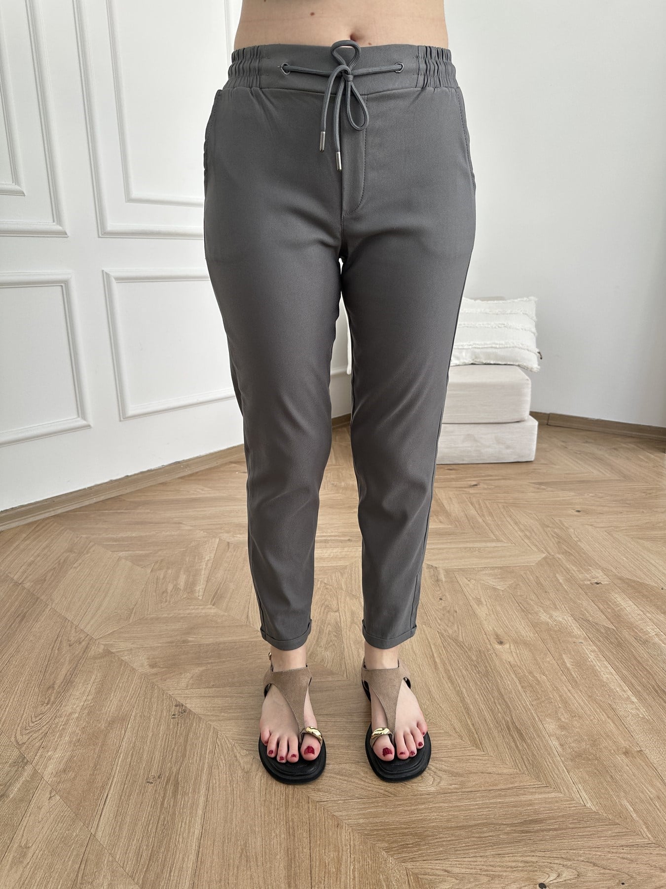 Beli Lastikli Duble Paça Pantolon Gri