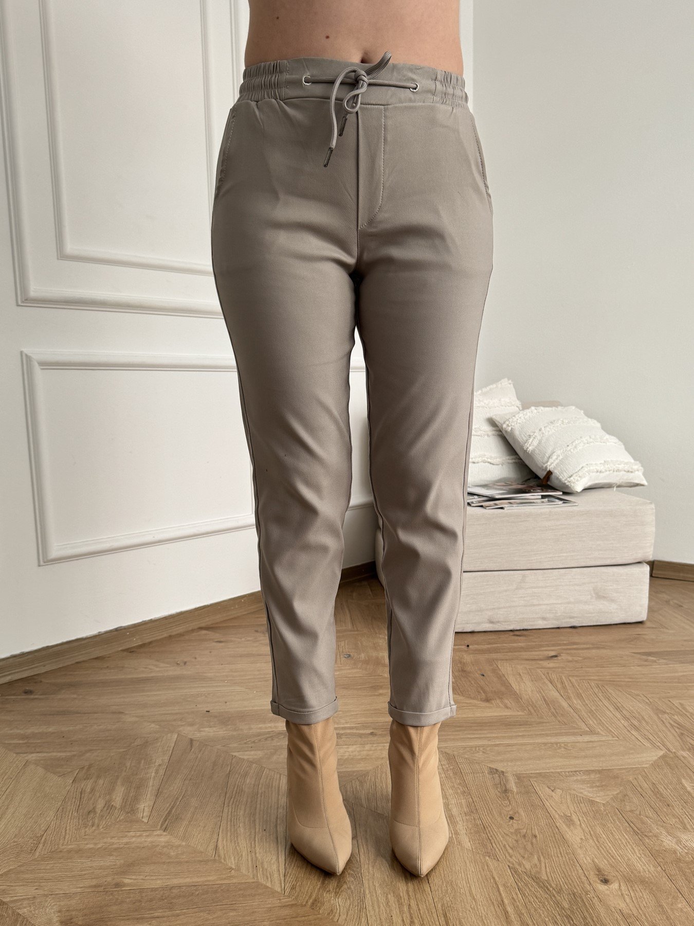 Beli Lastikli Duble Paça Pantolon Taş