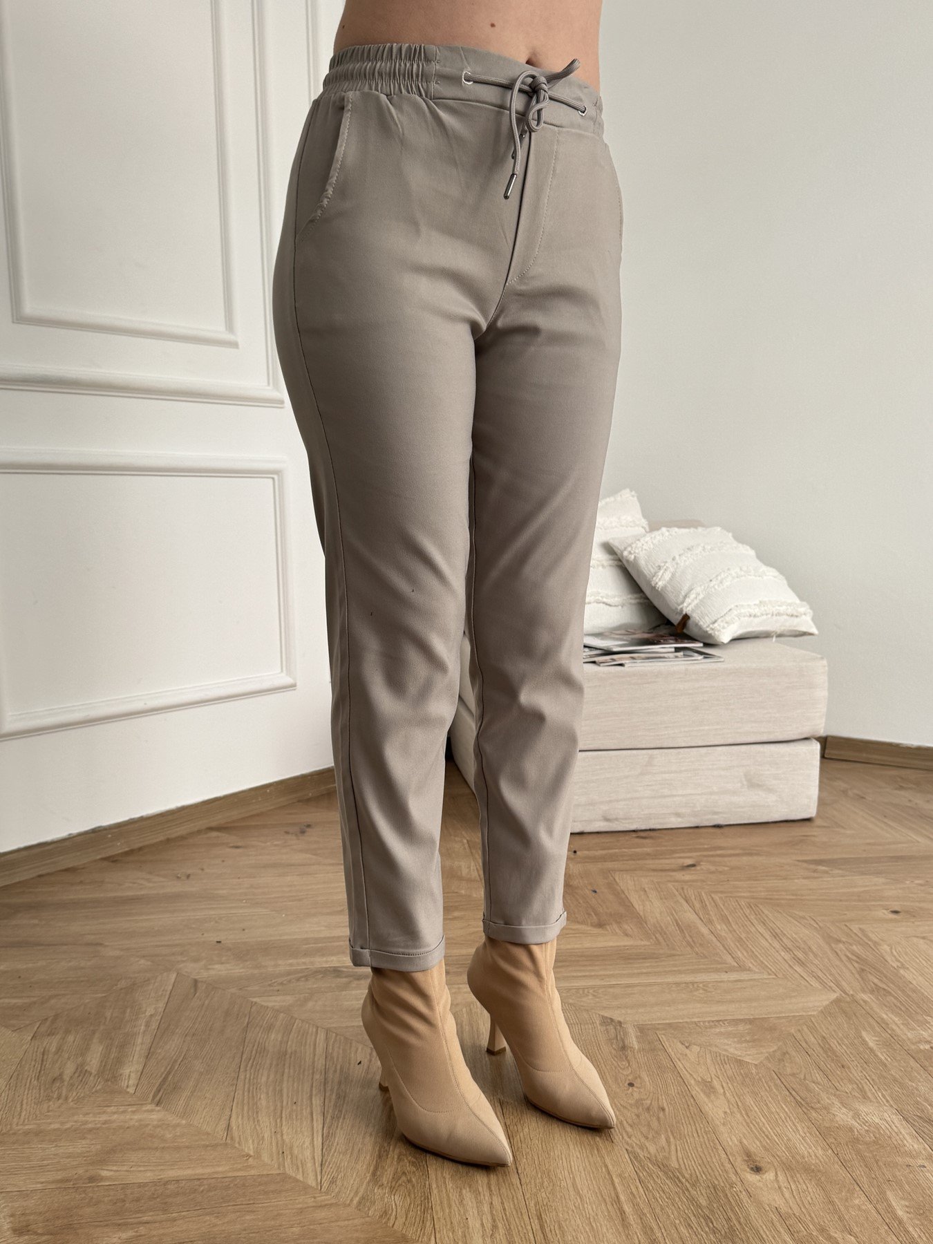 Beli Lastikli Duble Paça Pantolon Taş