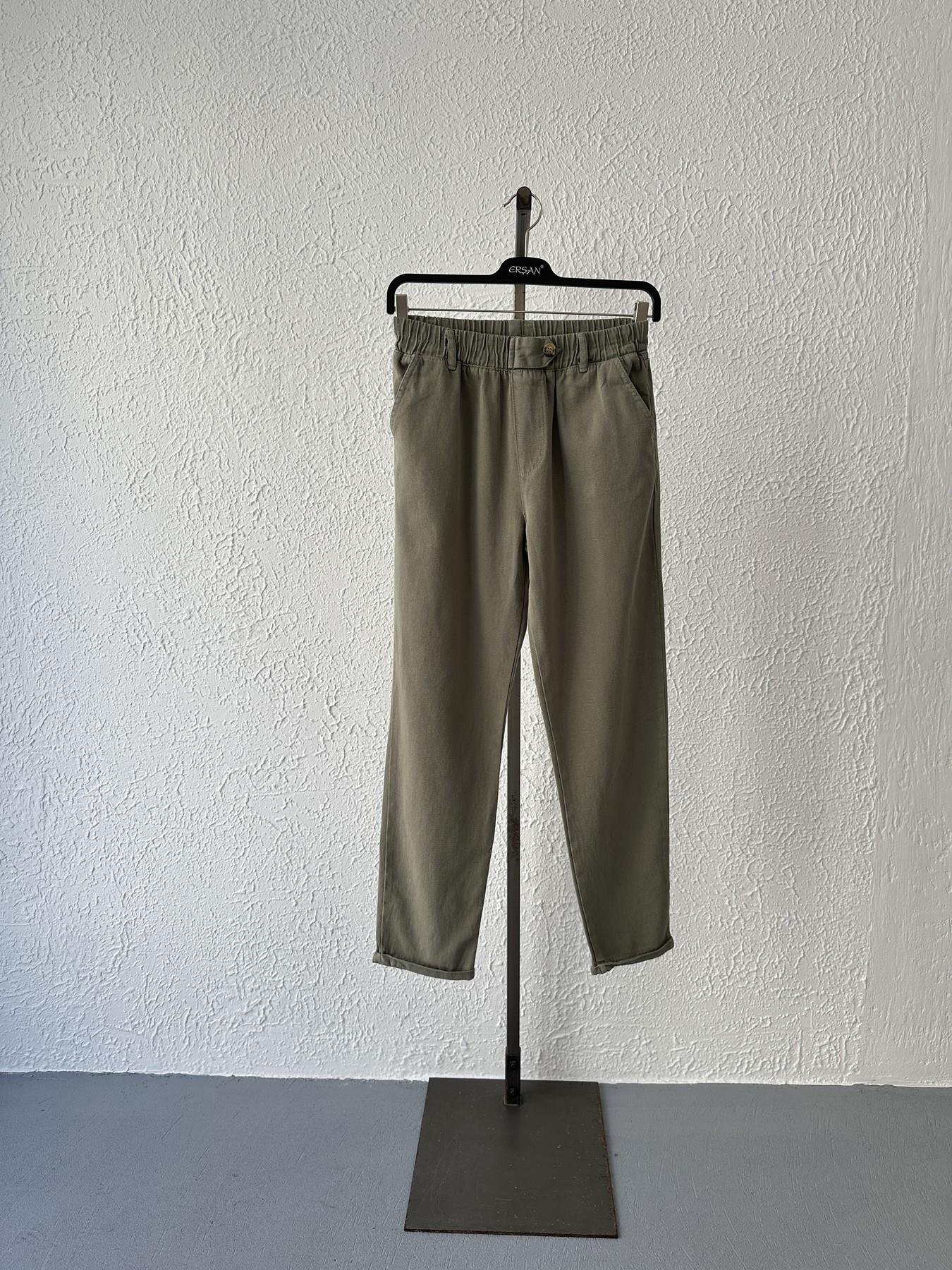 Beli Lastikli Düğme Detay Pantolon Açık haki