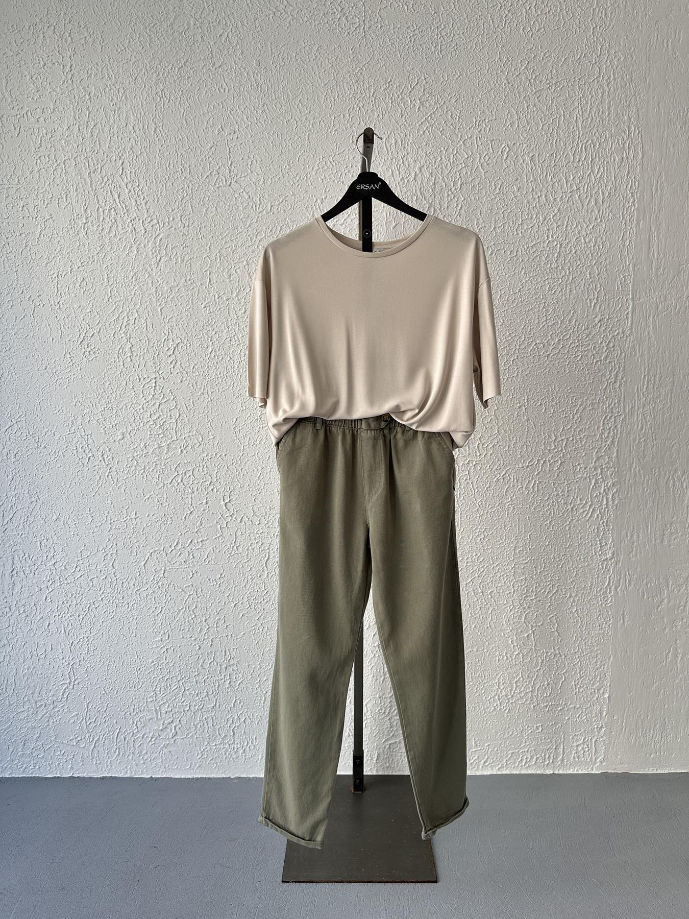 Beli Lastikli Düğme Detay Pantolon Açık haki